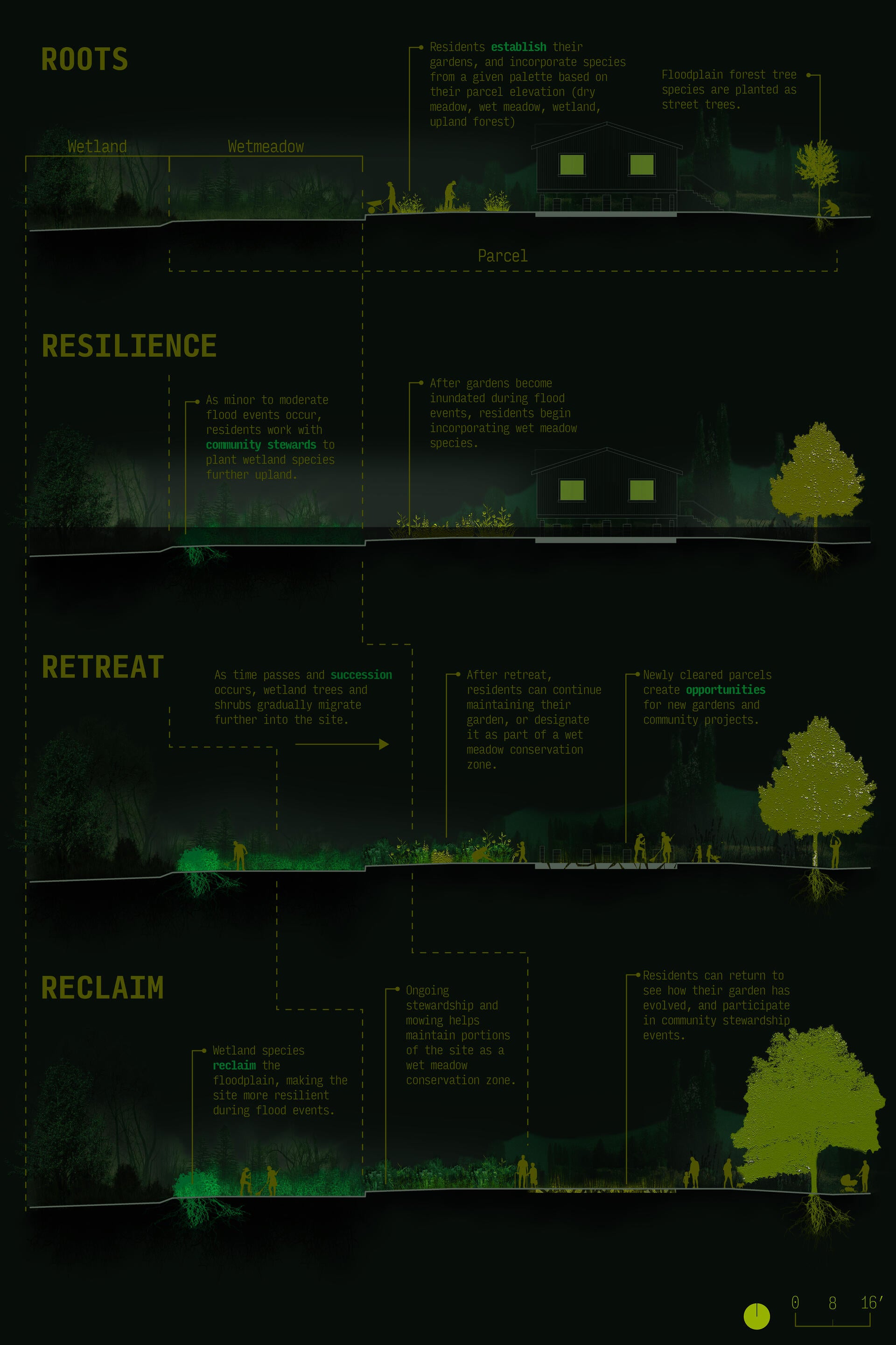 Four sections cut through a resident's parcel, illustrating how the landscape will change, and how people interact with it. 