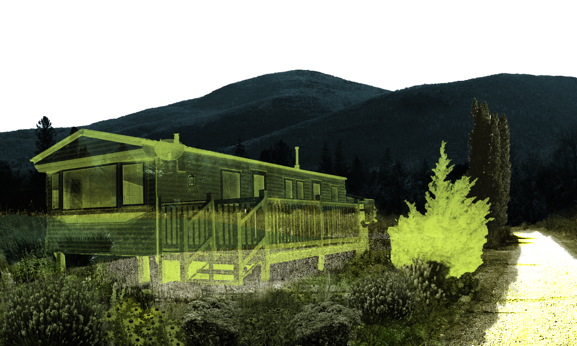 A disappearing house amidst an overgrown garden in a mountainous landscape. 