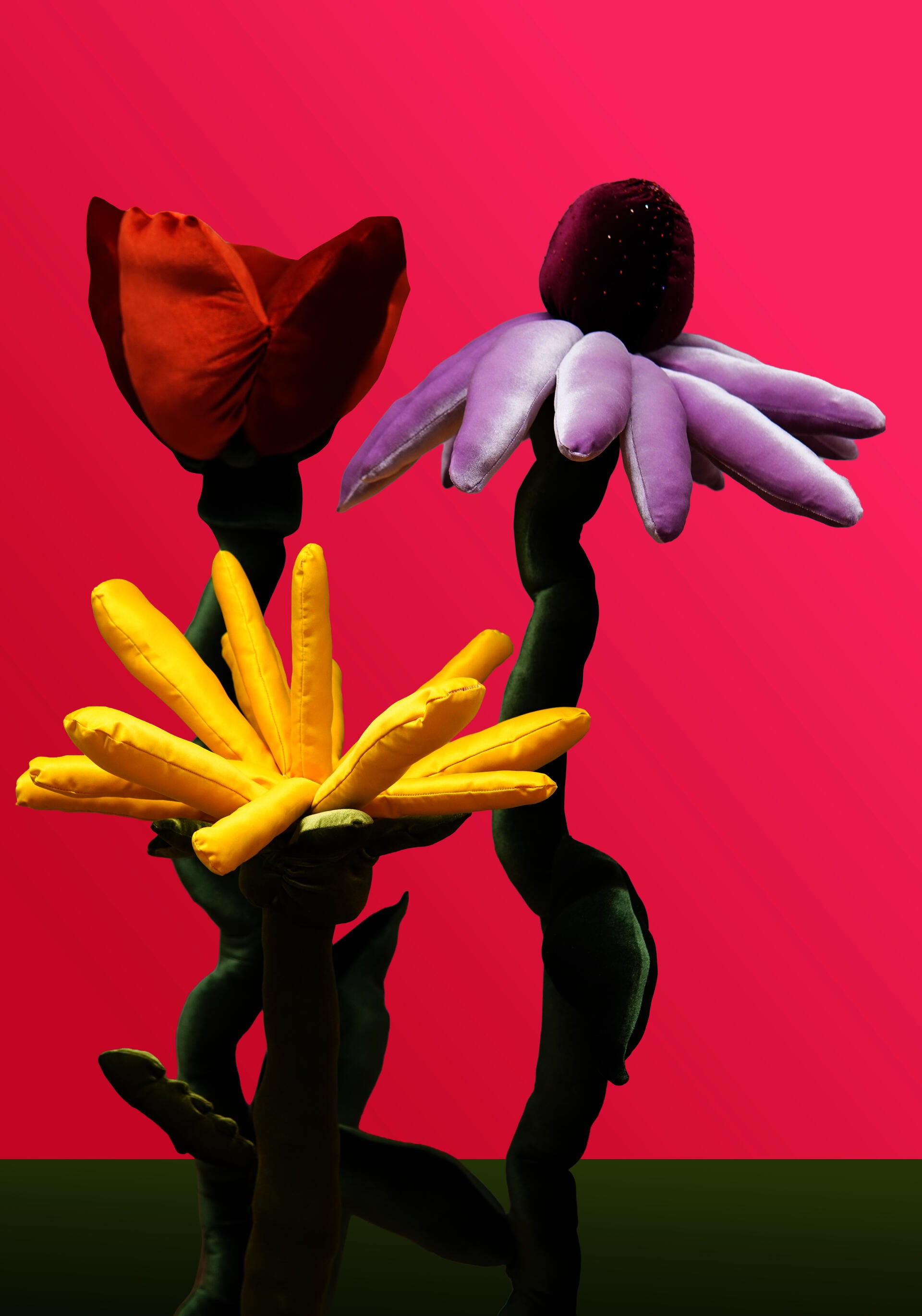 Oversized soft sculptures of three colorful flowers with velvet petals and twisting green stems, displayed against a bright pink background.