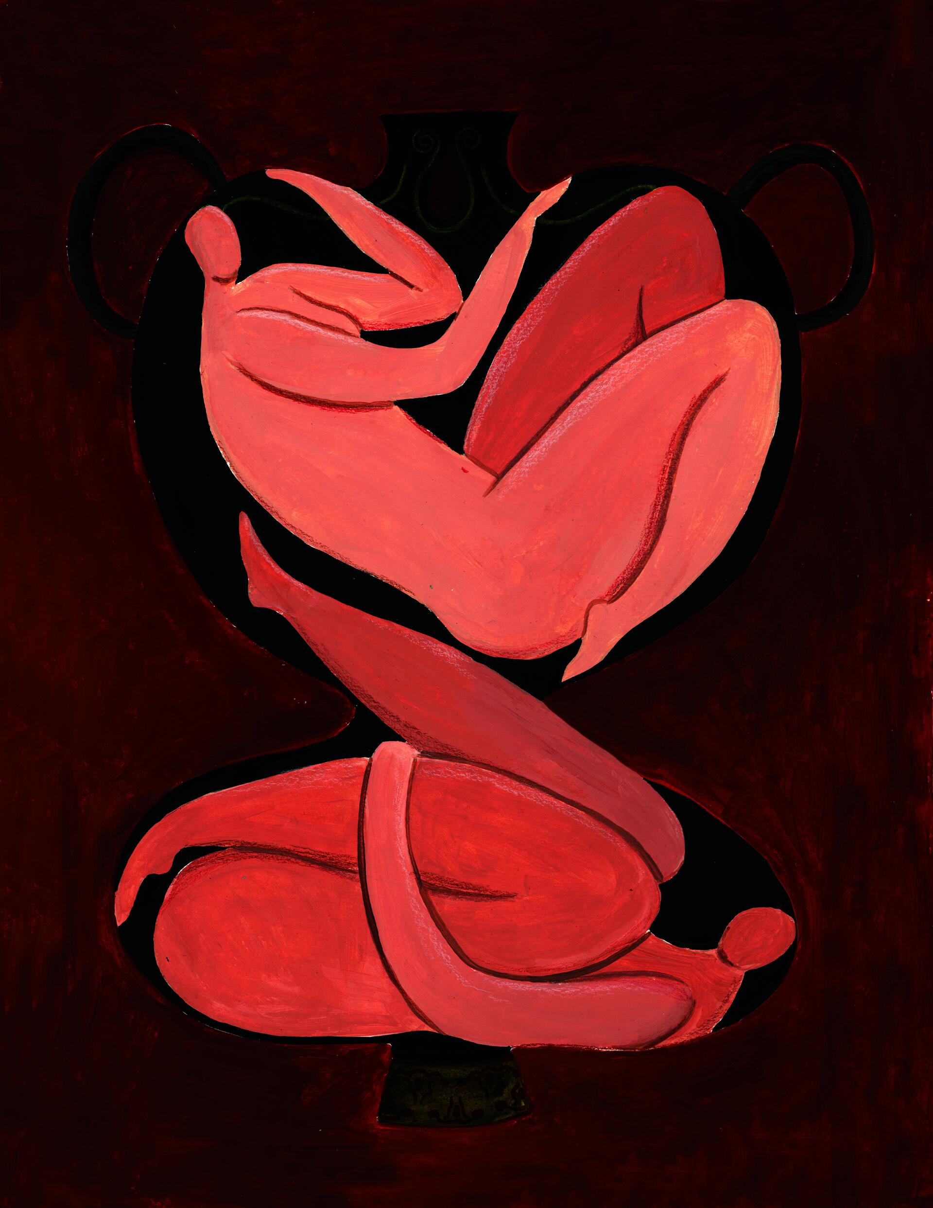 This painting explores the relationship between the body and the vessel as intertwined forms of containment, protection, and vulnerability. Two intertwined figures fold into the shape of a ceramic vase, merging bodily presence with an object historically associated with domesticity, labor, and preservation.