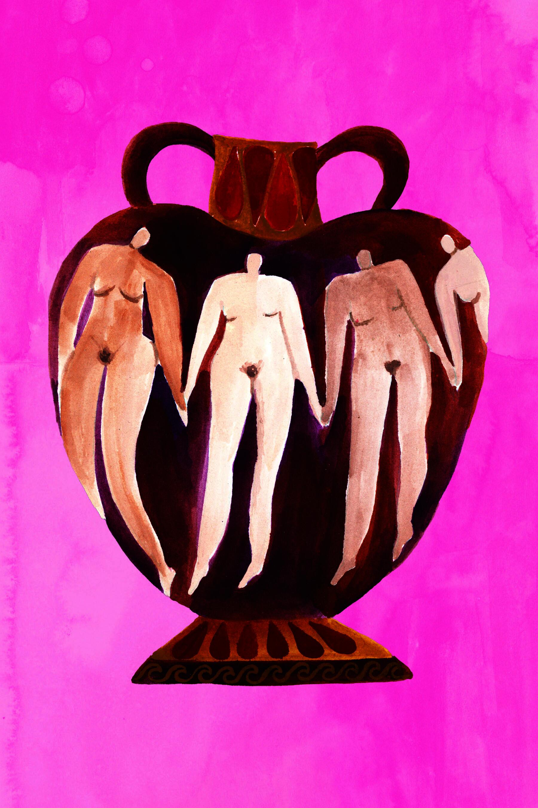 Four simplified figures are integrated into the surface of a large vase against a pink background, combining bodily forms with decorative vessel imagery.