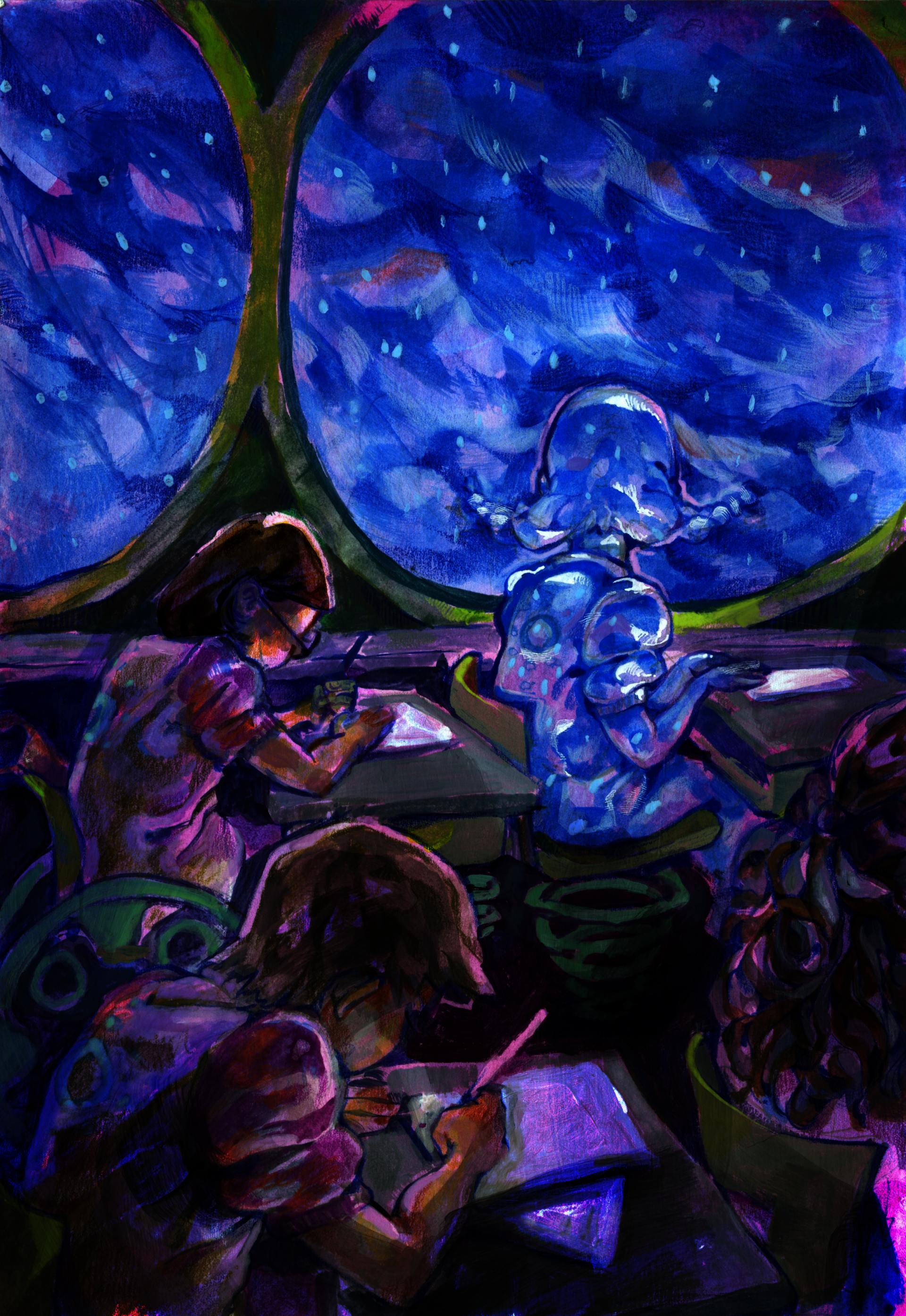 Painting made with acrylic, acrylic gouache, and color pencil with digital edits. Painting shows a girl seemingly made of a rainstorm looking at a storm outside while she remains with her classmates in future like uniforms.