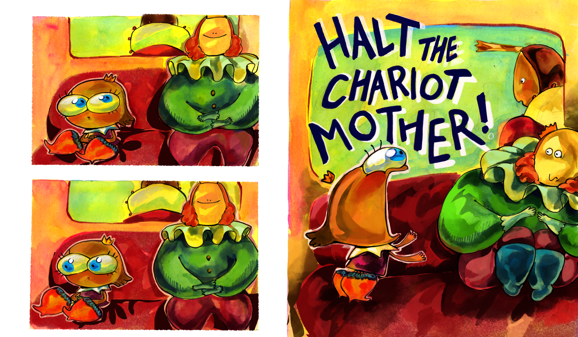 Spread from children's book called Tale of Two Knigdoms. Made with watercolor and digital painting. A young royalty stares at their king stepfather following by a panel with the young royalty requesting for the chariot to stop.
