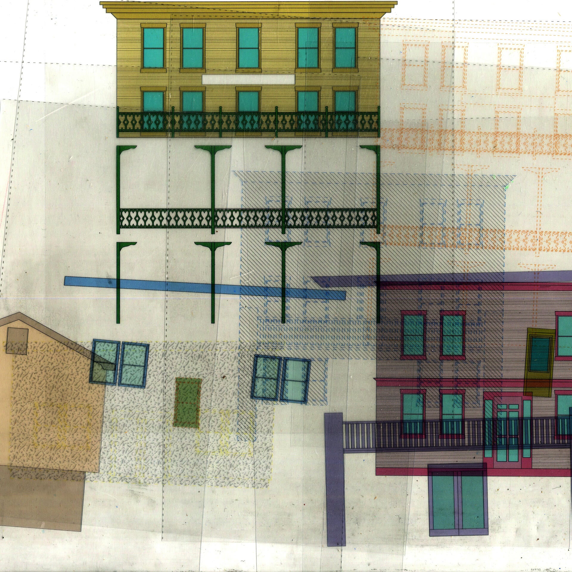 Parts of the Lincoln Hotel facade in Lincoln, Maine, printed on acetate and scanned into one document. Prints are scattered and overlapping in the image. Colors like yellow, blue, and green define different parts of the building. 