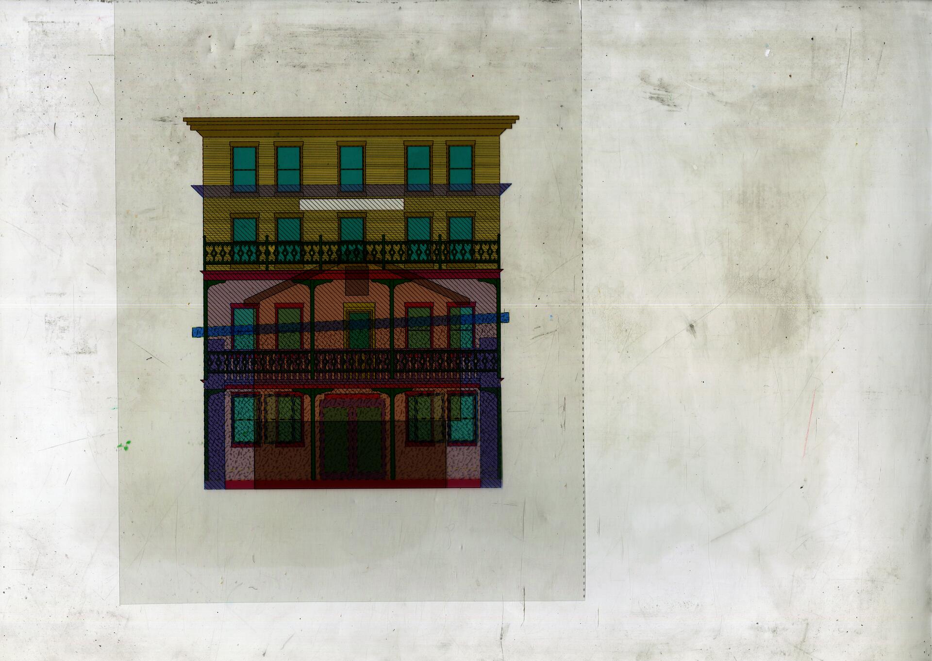 An elevation of the Lincoln Hotel in Lincoln, Maine. Bright colors describe different phases of demolition and addition of the building over time. It is a building with two stories. 