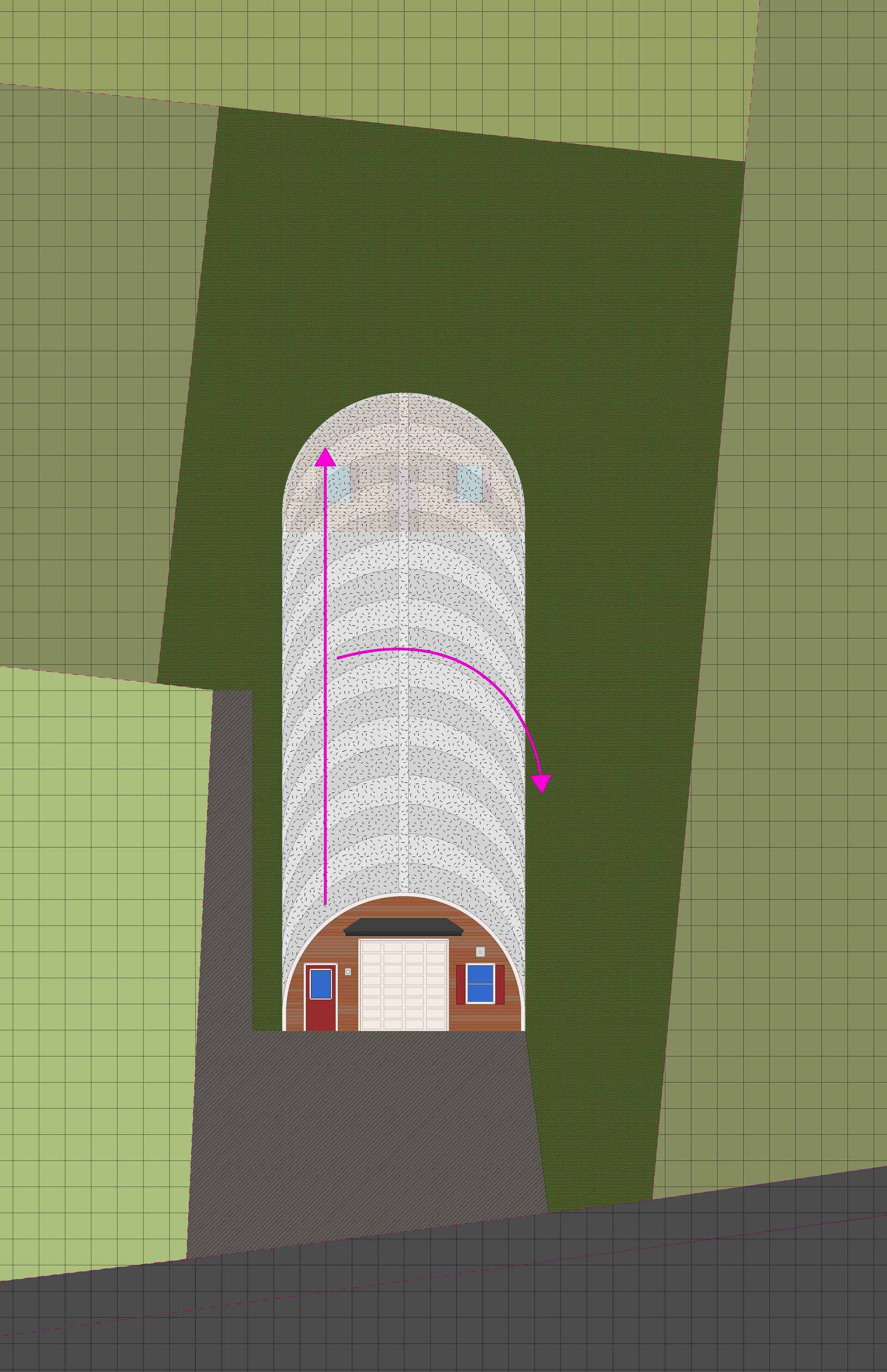 A semicircular building is shown in plan oblique. Different shades of green describe plot lines. The building is brown on the front and the curved roof is corrugated metal. Pink arrows point to opportunities for expansion. 