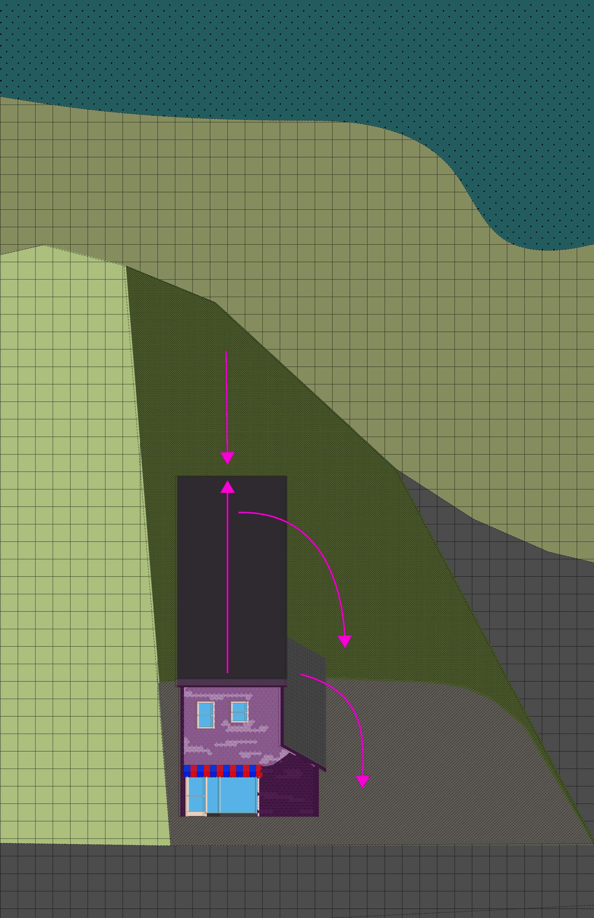 A purple rectangular building in elevation oblique. Different shades of green describe plot lines. Blue represents the bay behind the building. Pink arrows point to opportunities for additions. 