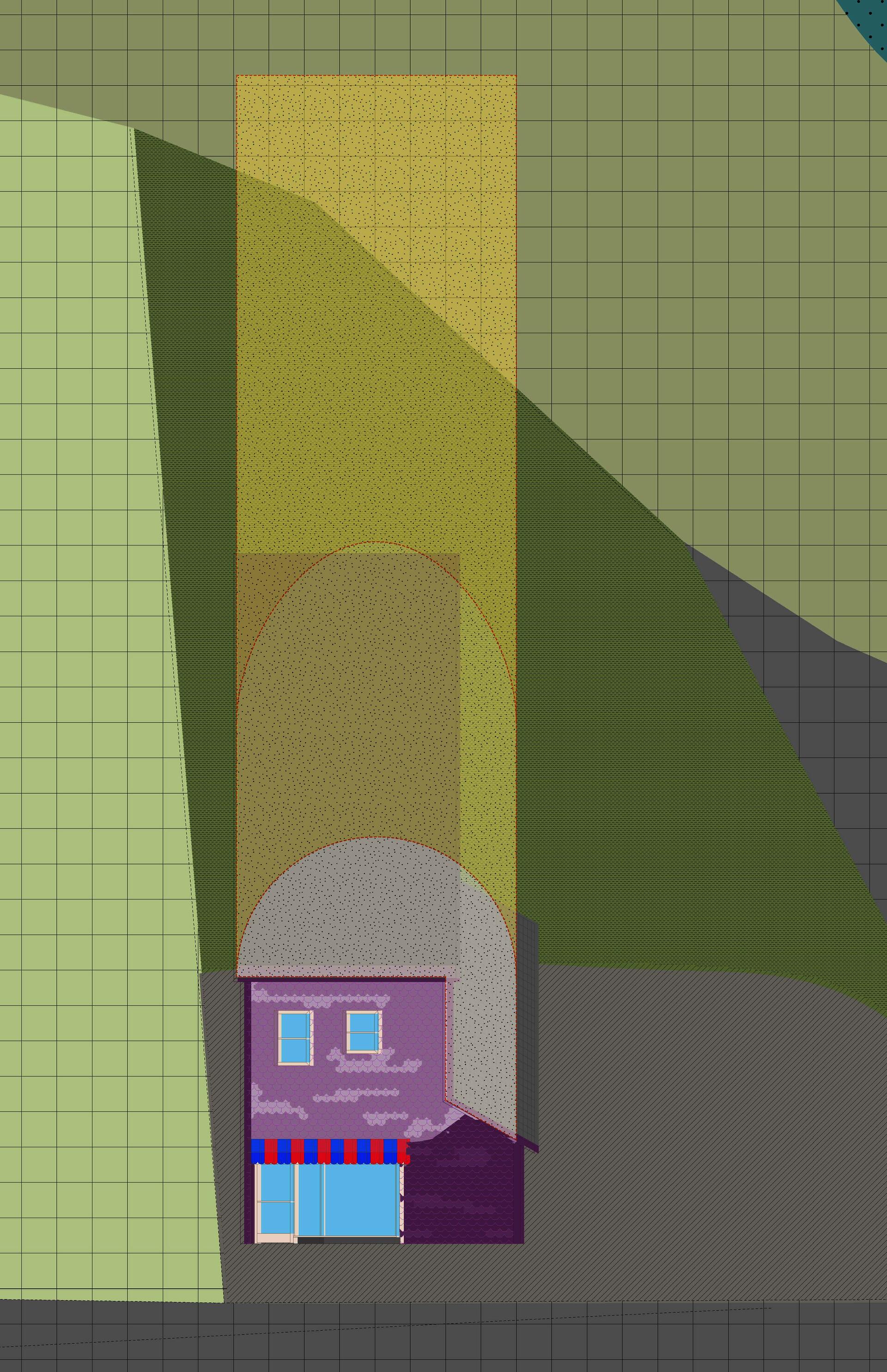 A purple rectangular building in elevation oblique. Different shades of green describe plot lines. Blue represents the bay behind the building. A yellow housing addition sits on top. 