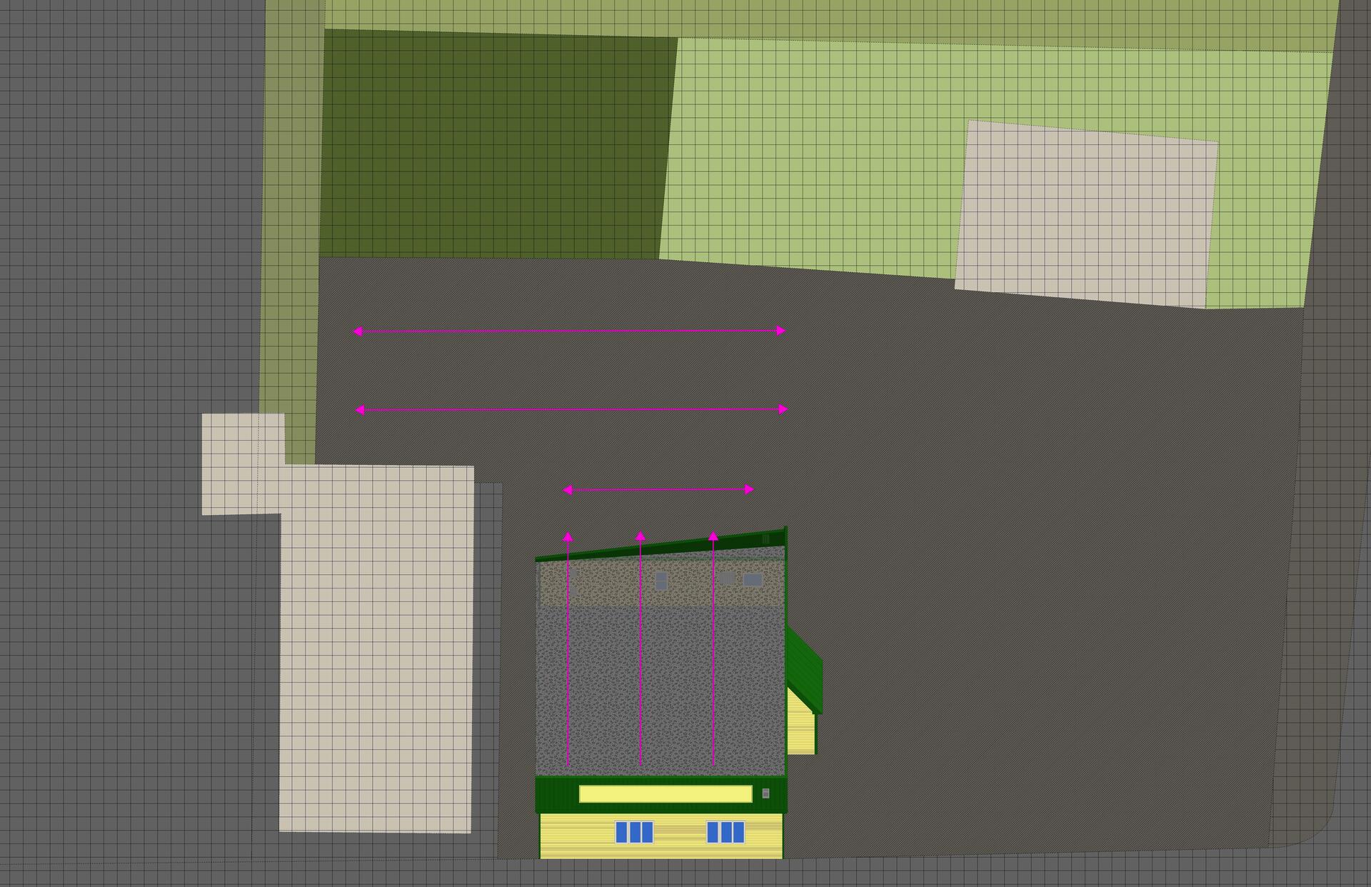 A yellow building with a green roof in elevation oblique. Different shades of green define plot lines. Pink arrows point to addition opportunities. 