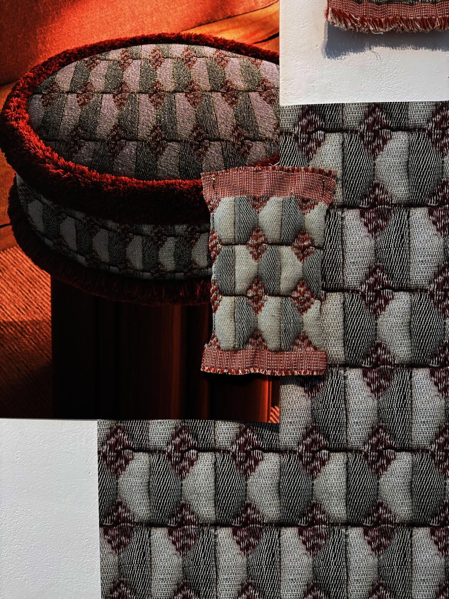 Upholstery button patterned Dobby hand woven sample close up with mock up