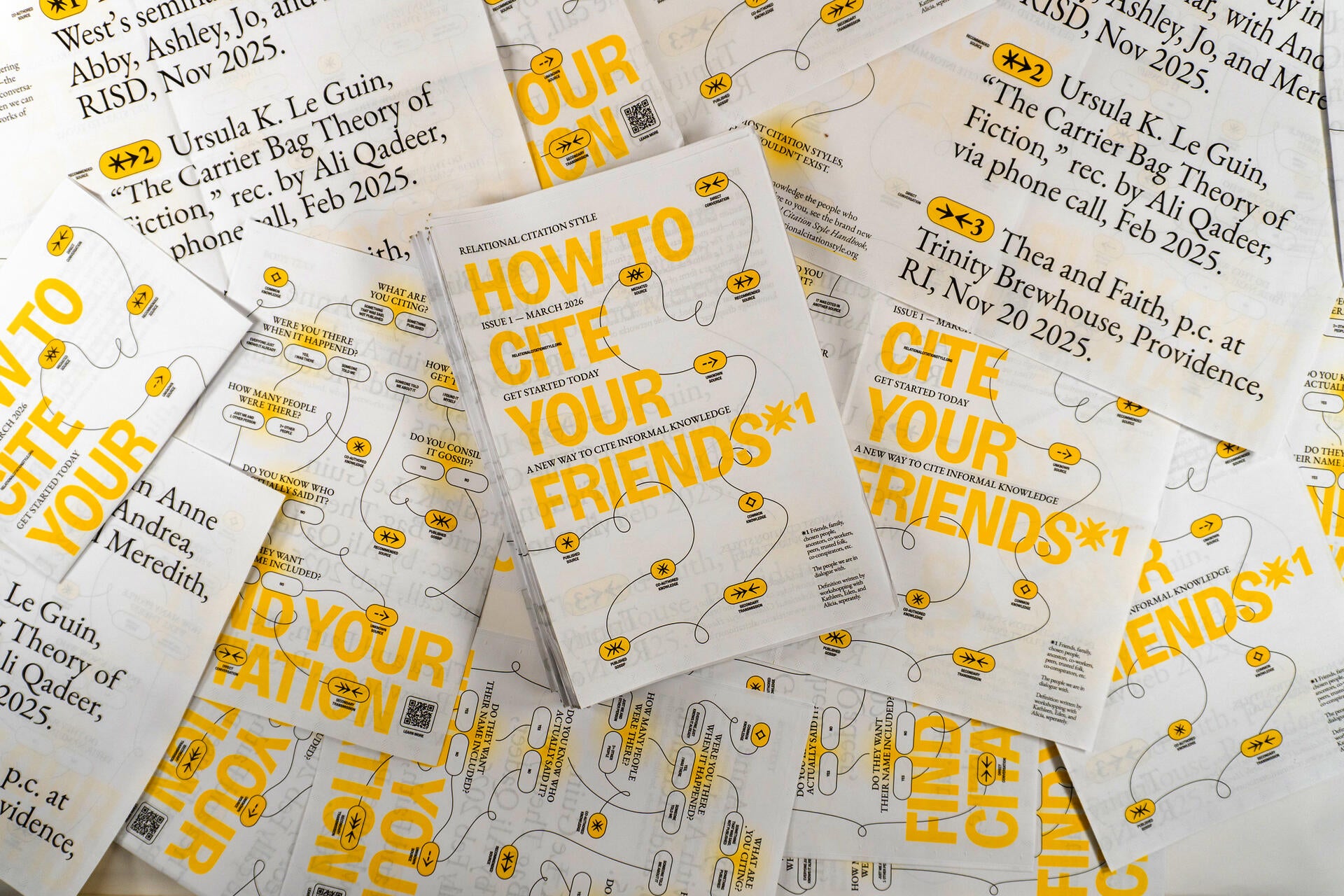 A series of a newspapers lie scattered and overlapping. The cover reads "HOW TO CITE YOUR FRIENDS" in all caps, bright yellow.