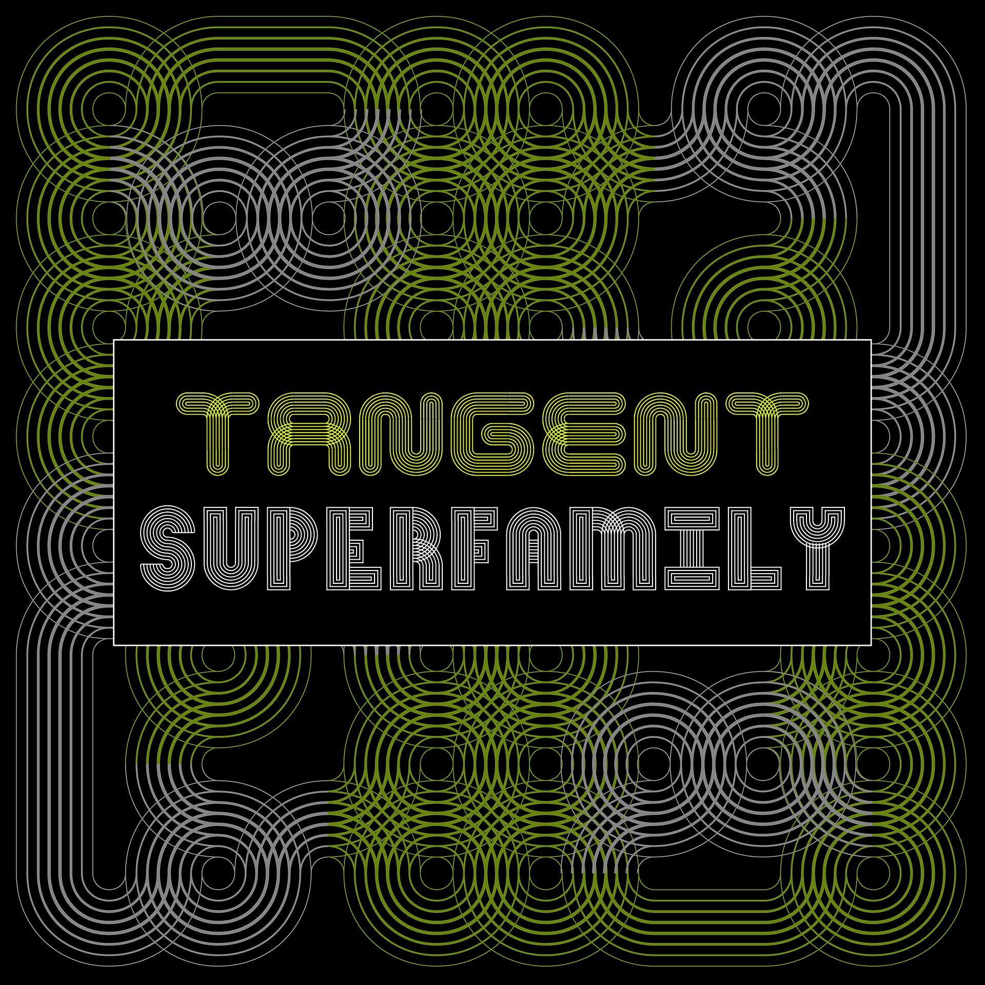 Typeface made up of many light lines twisting together. White and lime green text on a black background. Image reads Tangent Superfamily with a decorative motif made from the same type surrounding the text. All paths line up together.