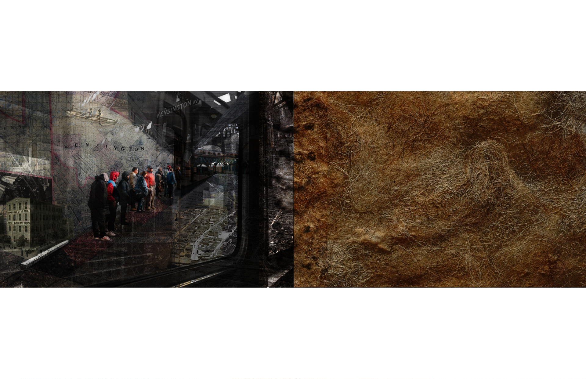 A diptych image. On the left, a layered collage of an urban train platform in Kensington, Philadelphia: a line of people stands waiting under an elevated track, overlaid with faded maps, archival photographs, and architectural textures 