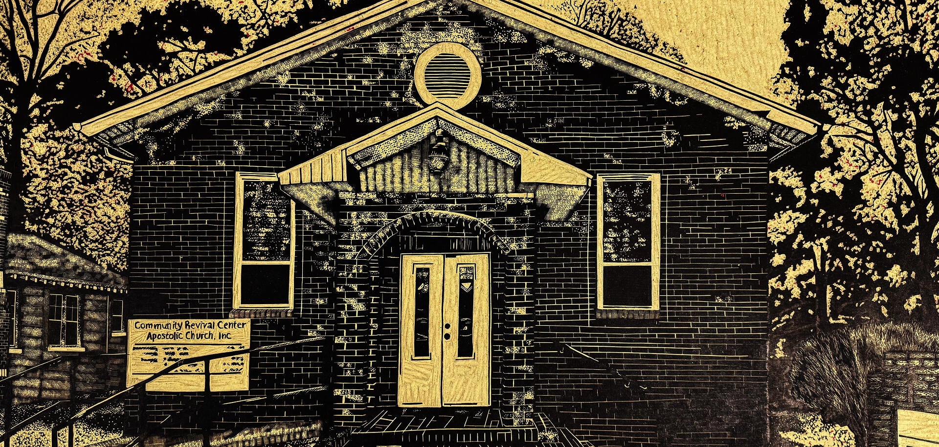 A large-scale black and white woodcut of the artist family’s brick church in Jacksonville, Florida. 