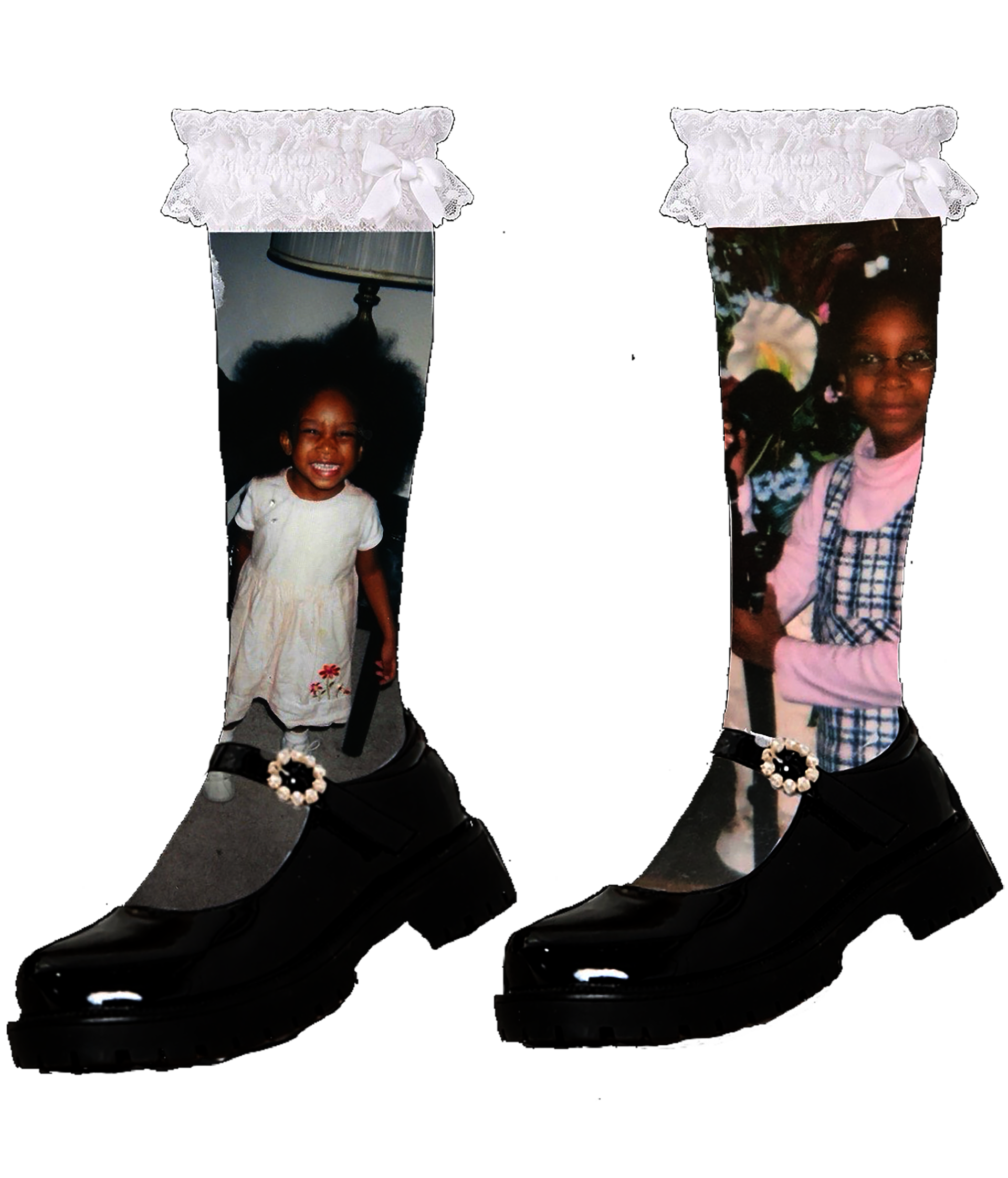 Two socks with images of the artist as a child preparing for church. Socks topped with white lace; black leather shoes with jeweled flower buckle. 