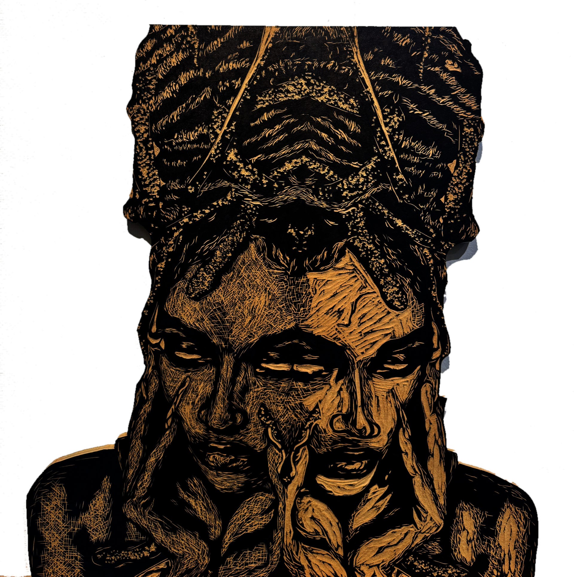 Black-and-white woodcut of a woman split in two, with white eyes and a crown of serpents. 