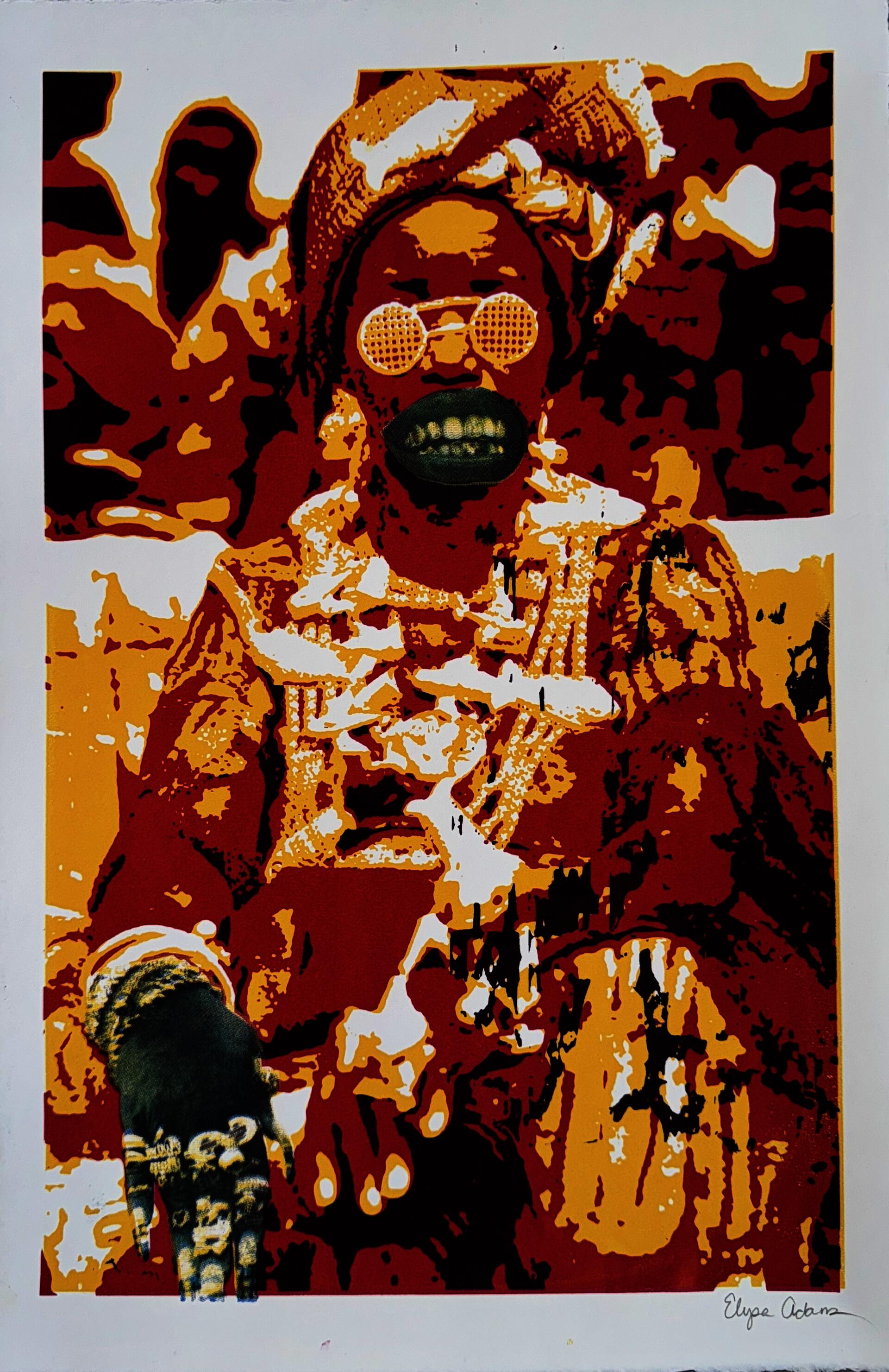 Red, white, gold, and blue screenprint of an Asante woman seated on a throne, adorned with jewelry on her hands and in her mouth.