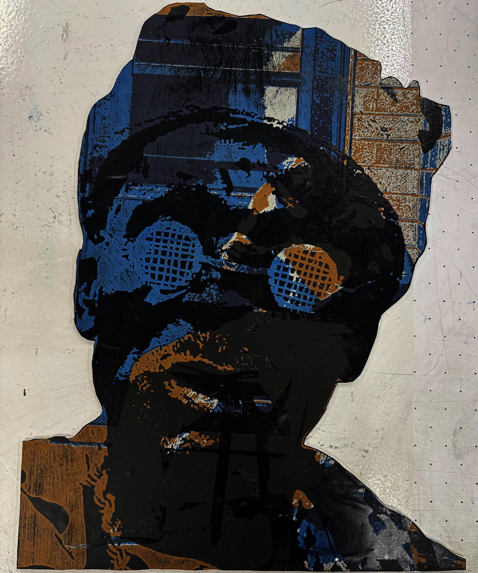 Light brown, blue, white, and black screenprint and woodcut of an Asante man’s face overlaid on a young man cleaning his shoes.