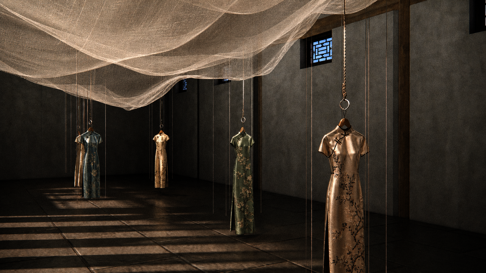 Five silk qipao dresses in muted blue, green, and gold hang suspended in a dim room beneath a translucent fabric canopy, with soft light casting long shadows across the floor.