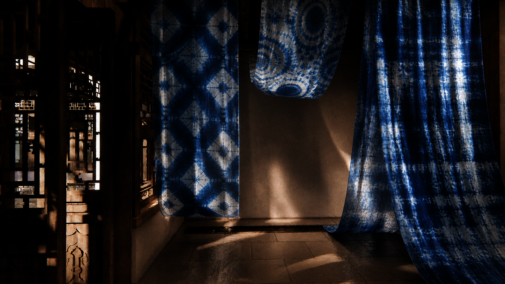 Large indigo dyed fabrics with geometric patterns hang and drape in a sunlit traditional Chinese architecture space, casting soft shadows on stone flooring and creating a calm, atmospheric space.