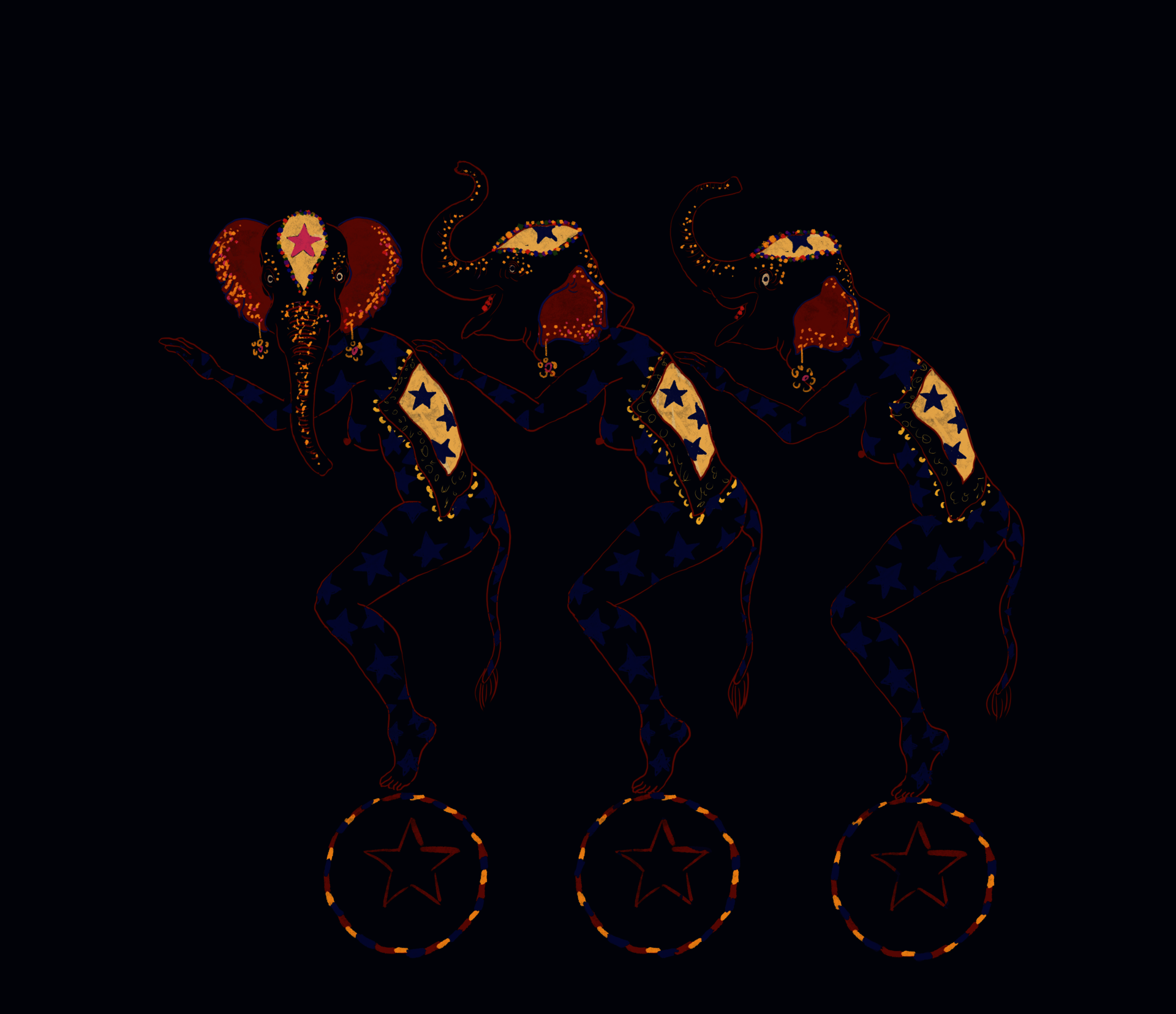 Three repetitive circus elephants in female bodies.
