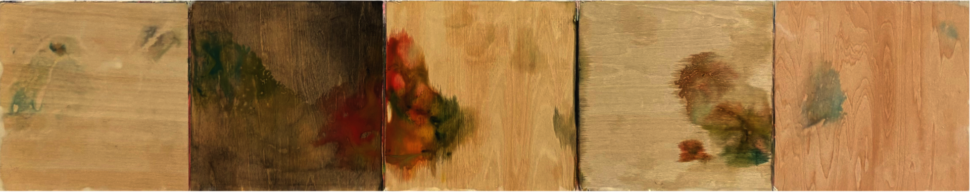 Five yellowish encaustic paintings on five wood blocks.