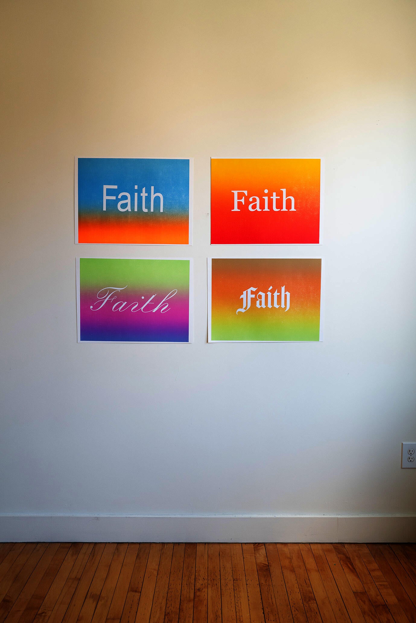 A print series layering unique hand-pulled gradients with the shared name "Faith" in varying typefaces — forming a collective portrait of strangers united by four letters, each carrying the name differently.