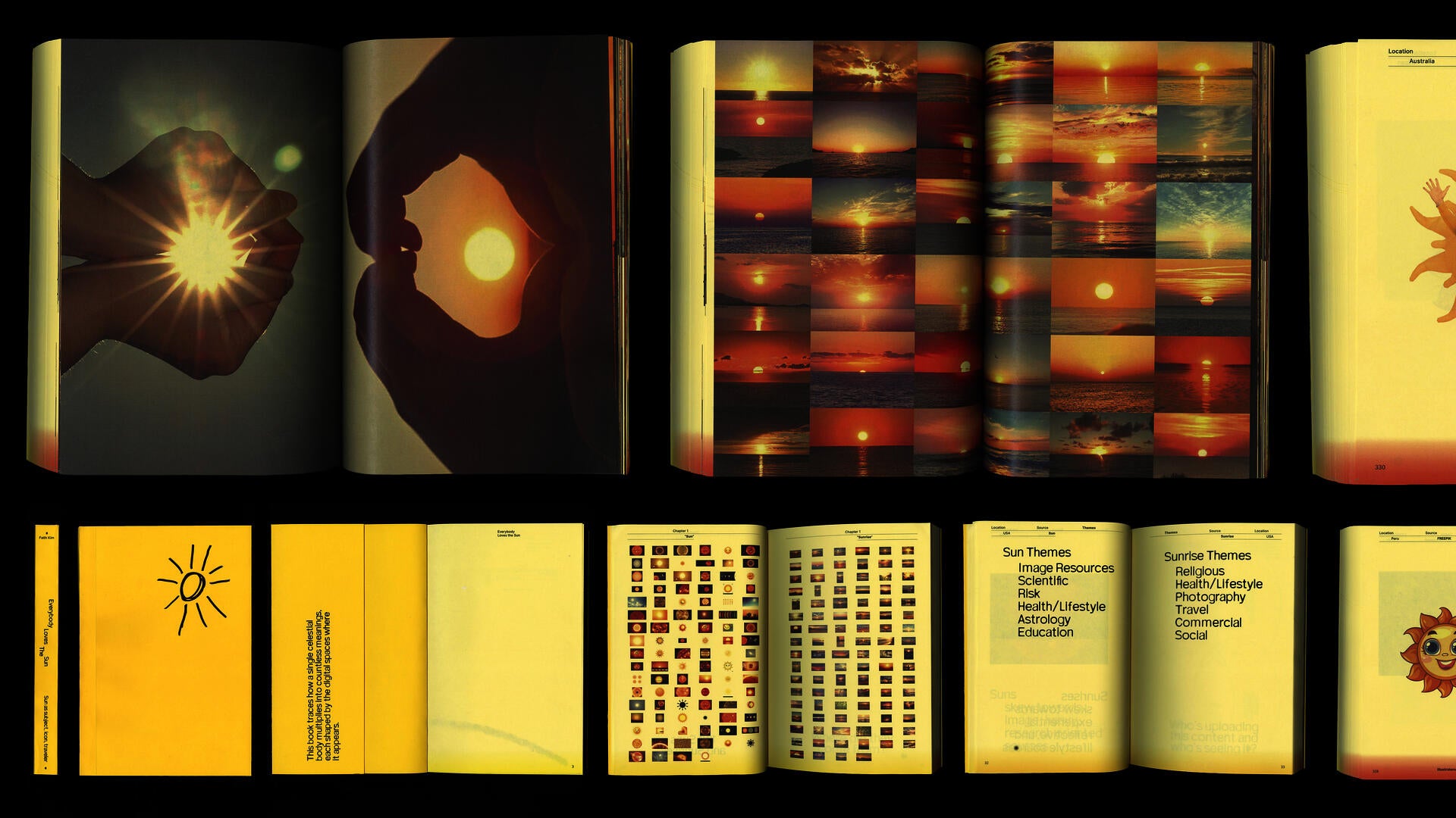 Over a thousand sunrise images scraped from Google across national domains, each traced to its source — revealing how one celestial subject fractures into countless meanings shaped by where it lives online.