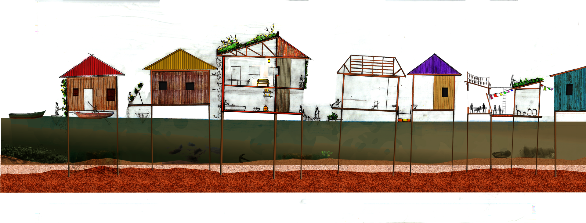 Cross-section of Makoko stilt houses in Lagos, including a red, yellow, and purple-roofed dwelling, a sectioned two-story building with green roof, and communal decks over layered floodwater and soil.