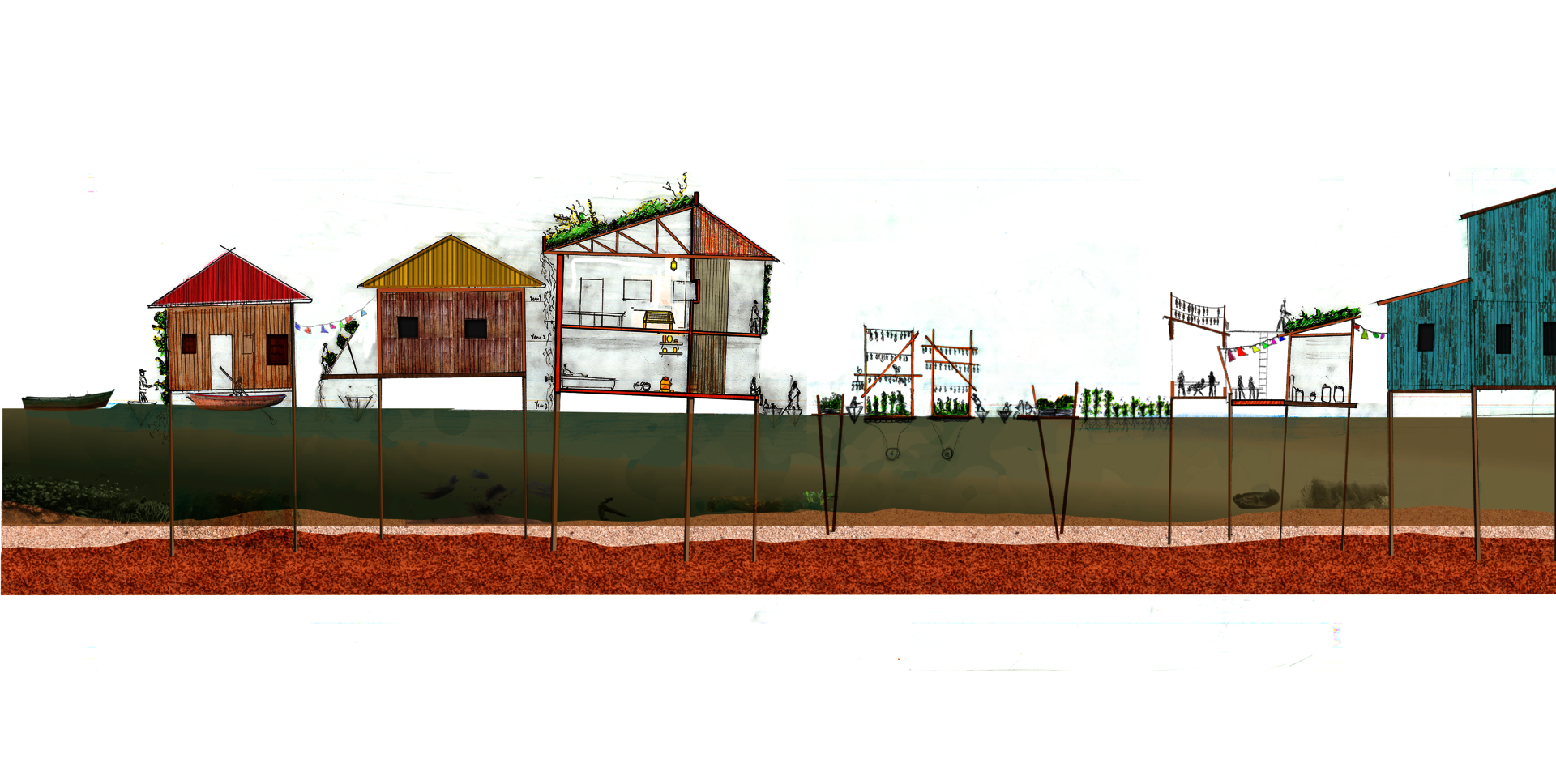 Cross-section drawing of Makoko stilt community showing colorful houses, a sectioned two-story building with green roof, aquaculture frames, and community gardens, all elevated on timber piles above layered floodwater and laterite soil.