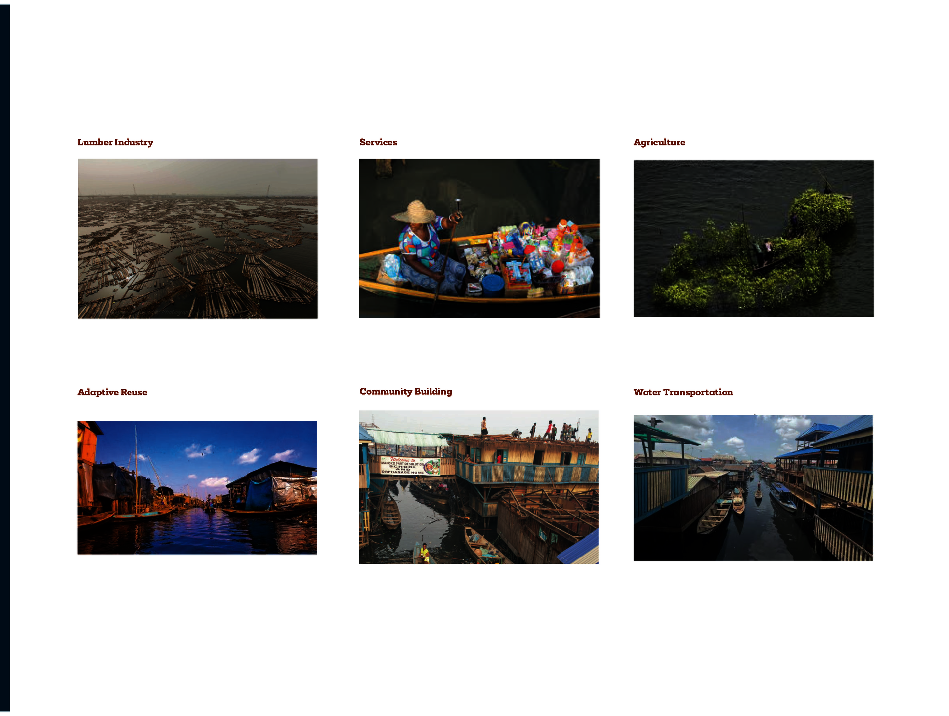 A six-panel photo grid documenting Makoko, Lagos, showing the lumber industry, waterway vending, mangrove agriculture, adaptive reuse of stilt structures, a community school, and canoe-based water transportation.