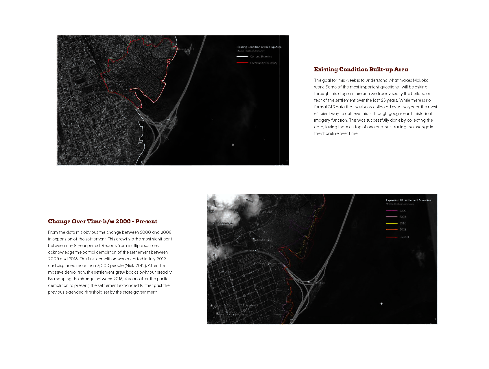Two satellite map analyses of Makoko, Lagos, one showing the existing built-up area and community boundary, the other tracing shoreline expansion from 2000 to present using colour-coded GIS overlays