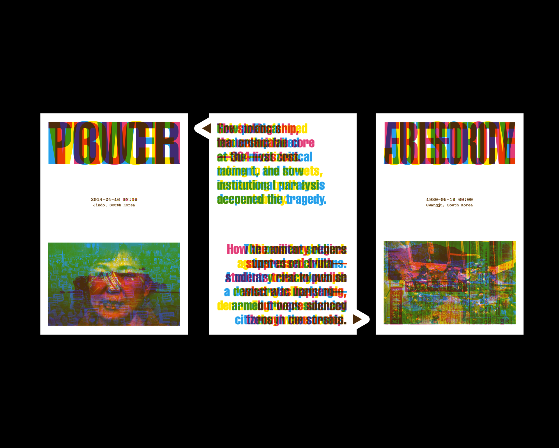 Three posters under natural light, each layered in cyan, magenta, and yellow into an illegible surface. Left poster references the Sewol ferry disaster; right poster references the Gwangju Uprising; center poster overlays text from both.