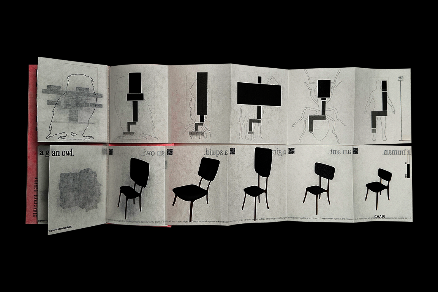 Interior spread of a book showing chairs rendered in different proportions. From left: owl, squid, giraffe, ant, and human. The upper page symbolically represents each chair's proportional shifts.