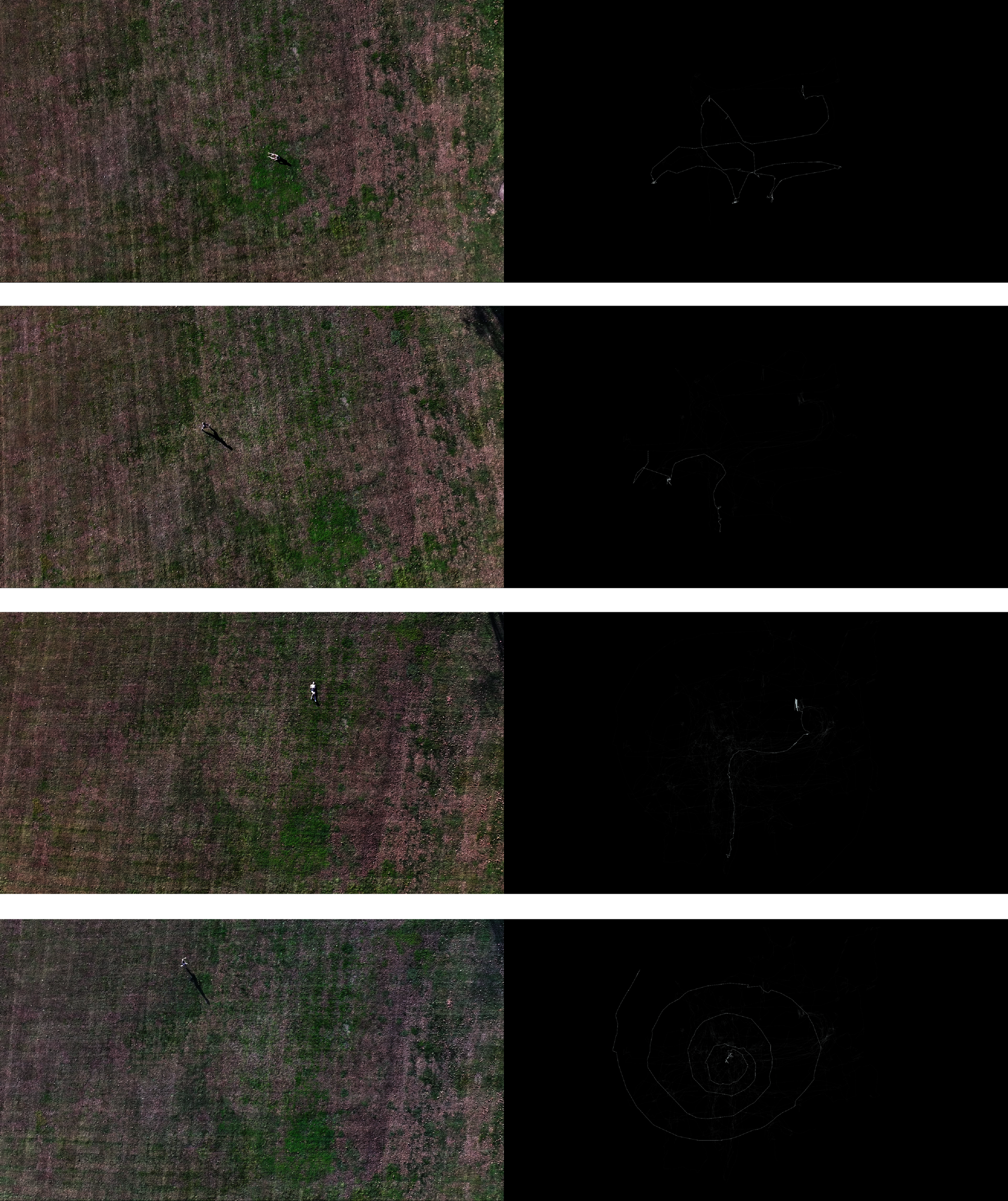 Four aerial views of a person walking in a field paired with black panels tracing their movement paths.