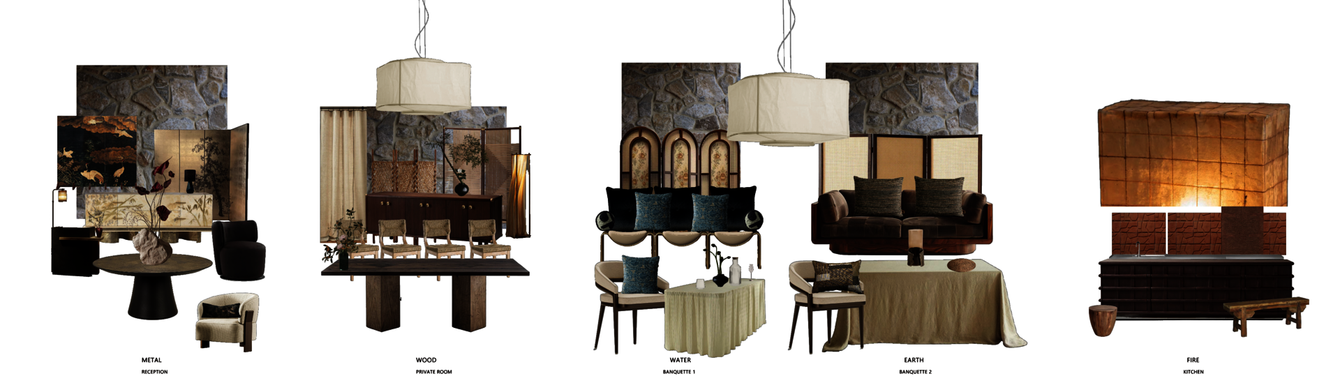 Interior collage of a vegetarian restaurant concept based on Five Elements feng shui, showing five spatial zones: metal reception, wood dining room, water and earth banquet areas, and a fire-themed kitchen.
