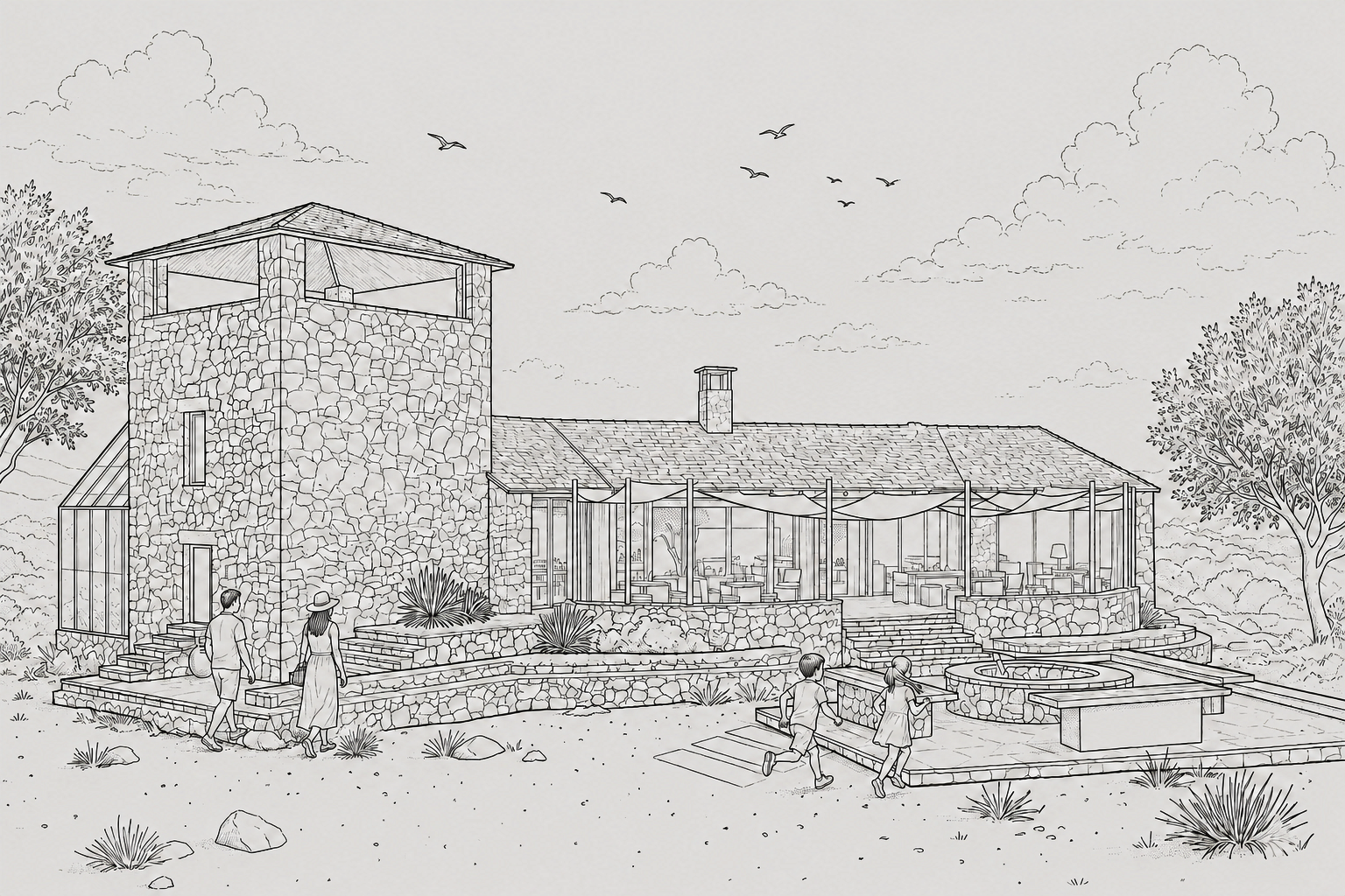 Hand-drawn architectural line drawing of the historic Eliot Tower reimagined as a vegetarian restaurant, featuring stone walls, outdoor dining terraces, landscaped seating areas, sketch-style figures, surrounding trees, and birds in the sky.