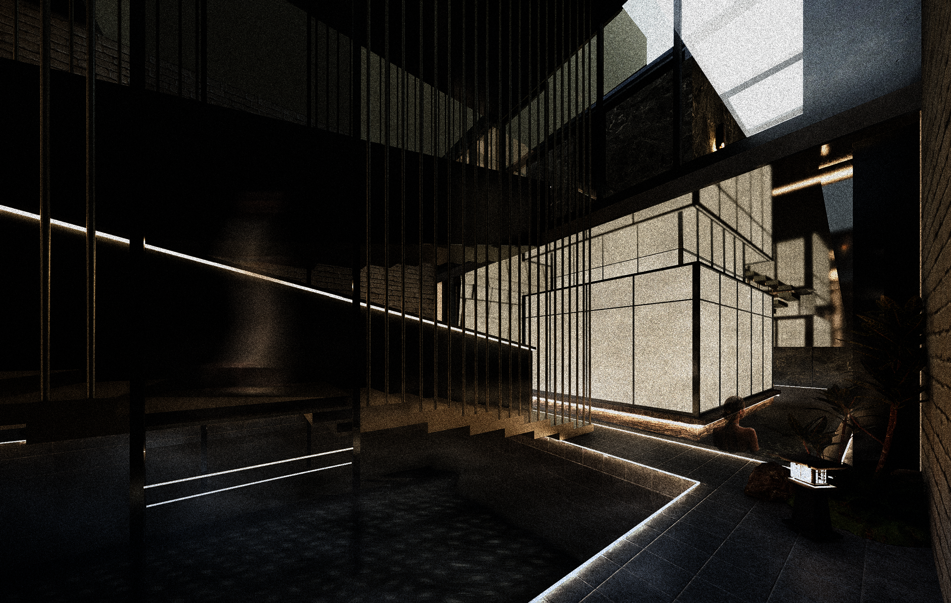 Interior view of a central courtyard showing transition between outdoor hot springs and indoor pools, with sauna and upper meditation room forming a yin-yang spatial contrast.