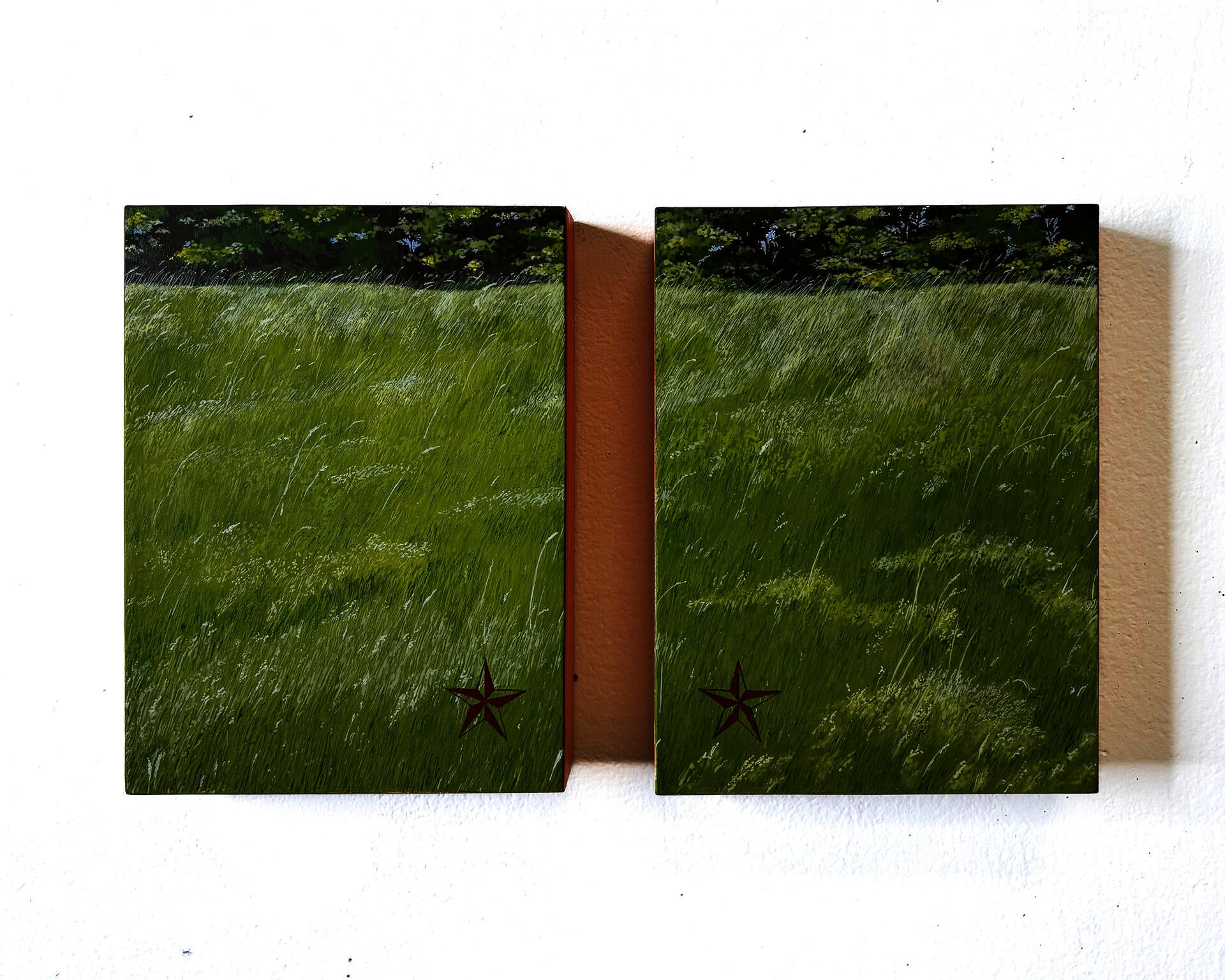 Two paintings are hung on the wall with an inch and a half of space between them. The paintings are of a green field of tall grass blowing in the wind.