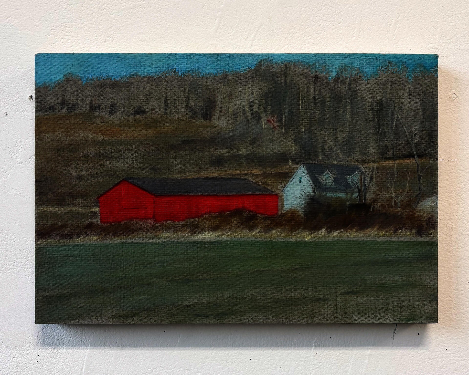 The image is of a landscape painting. In the middle of a field, there is a red barn and a smaller white house with a gray roof. 