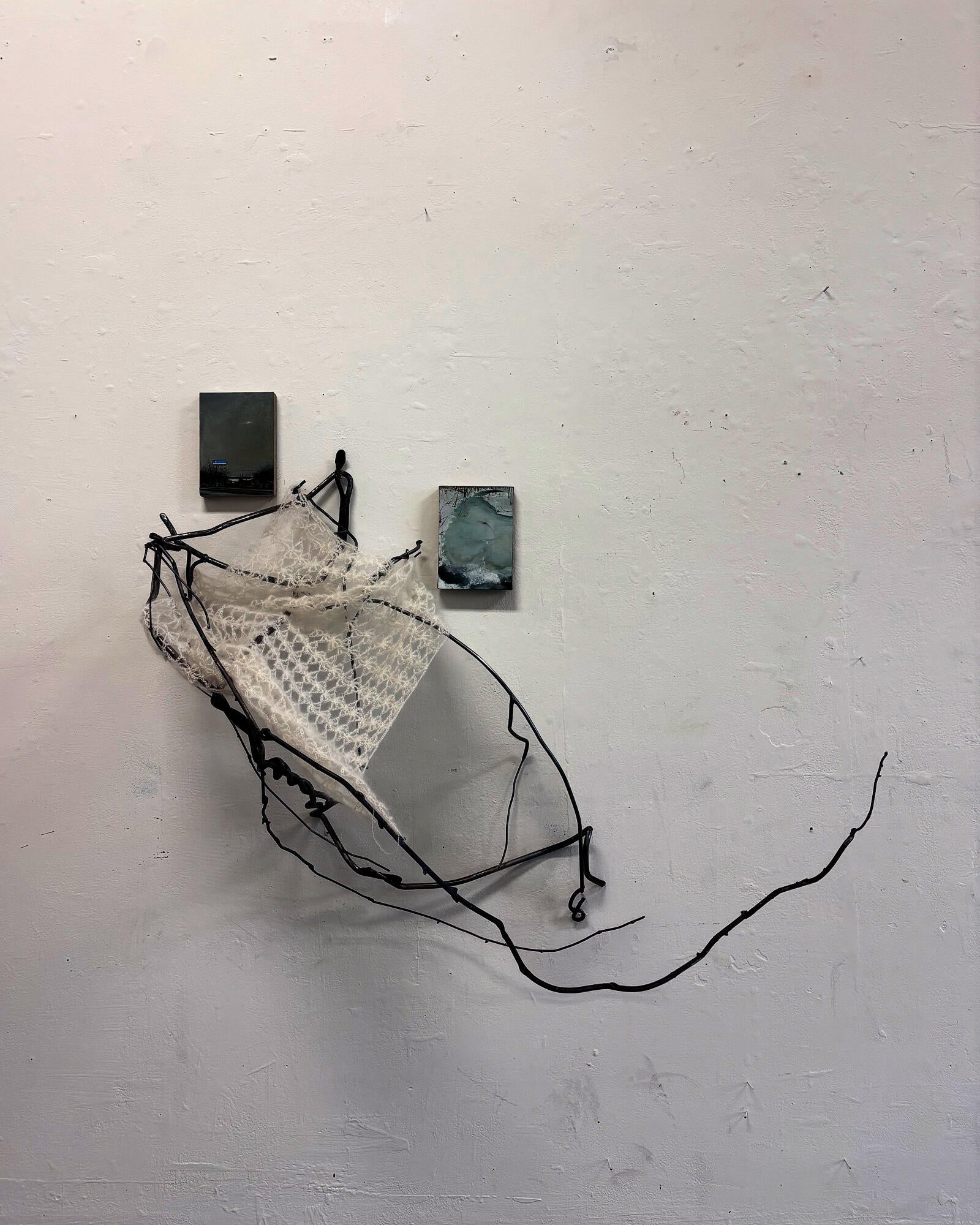 This is an installation of 2 paintings, a steel sculpture shaped like vines, and a crocheted cloth that holds a shell that has a rock with the wish of a dandelion attached