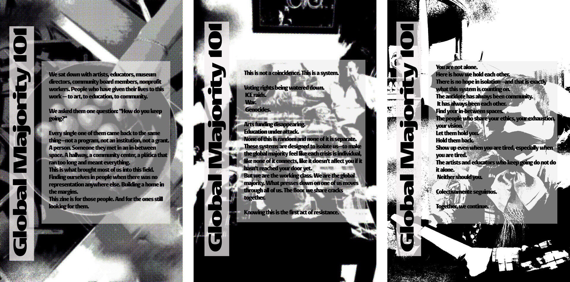 Three 'Global Majority 101' zine pages. Collaged black-and-white photos behind text boxes on community and resistance.
