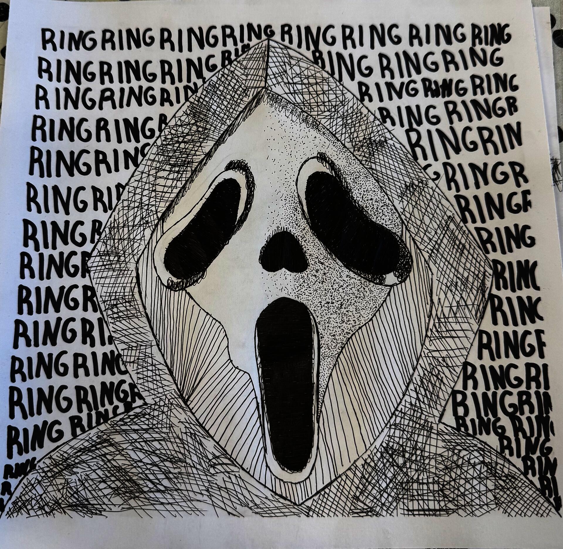 This is a black and white ink drawing of a hooded skull with text in the back that says  "ring".