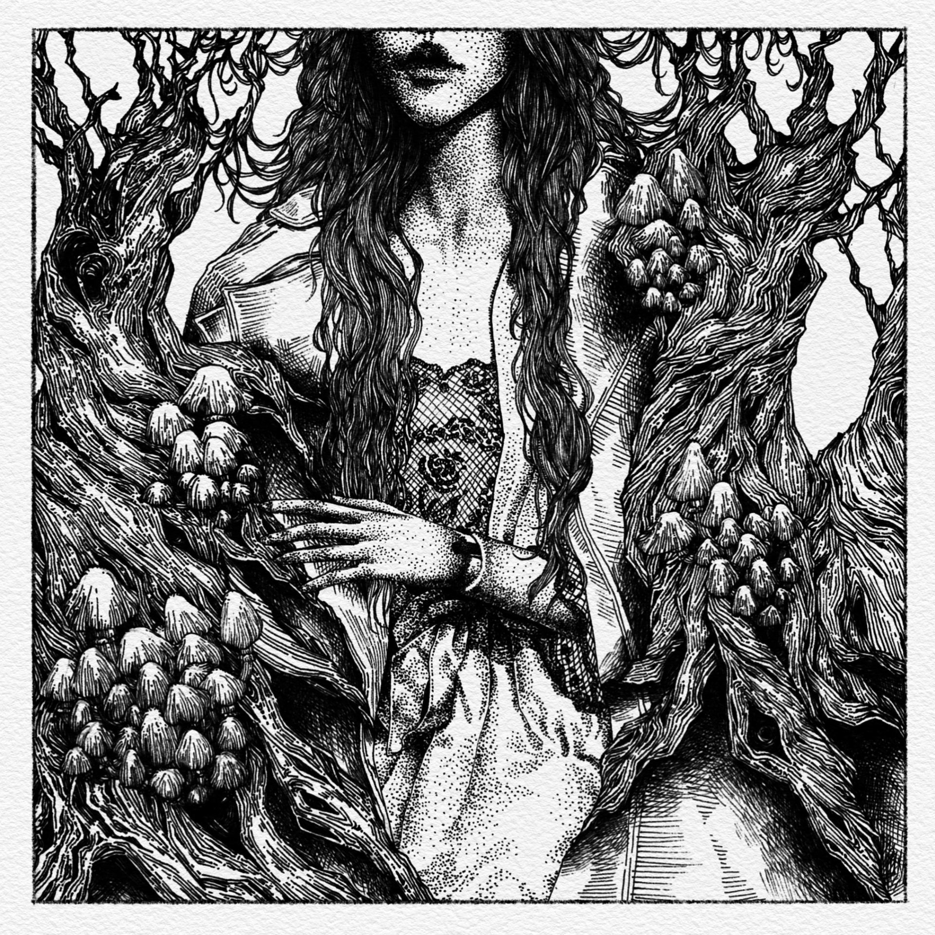 Black-and-white drawing. A long-haired woman is framed from the nose down. She touches the thick, gnarled, mushroom-covered tree trunks that tightly enclose her lace-clad torso on both sides.