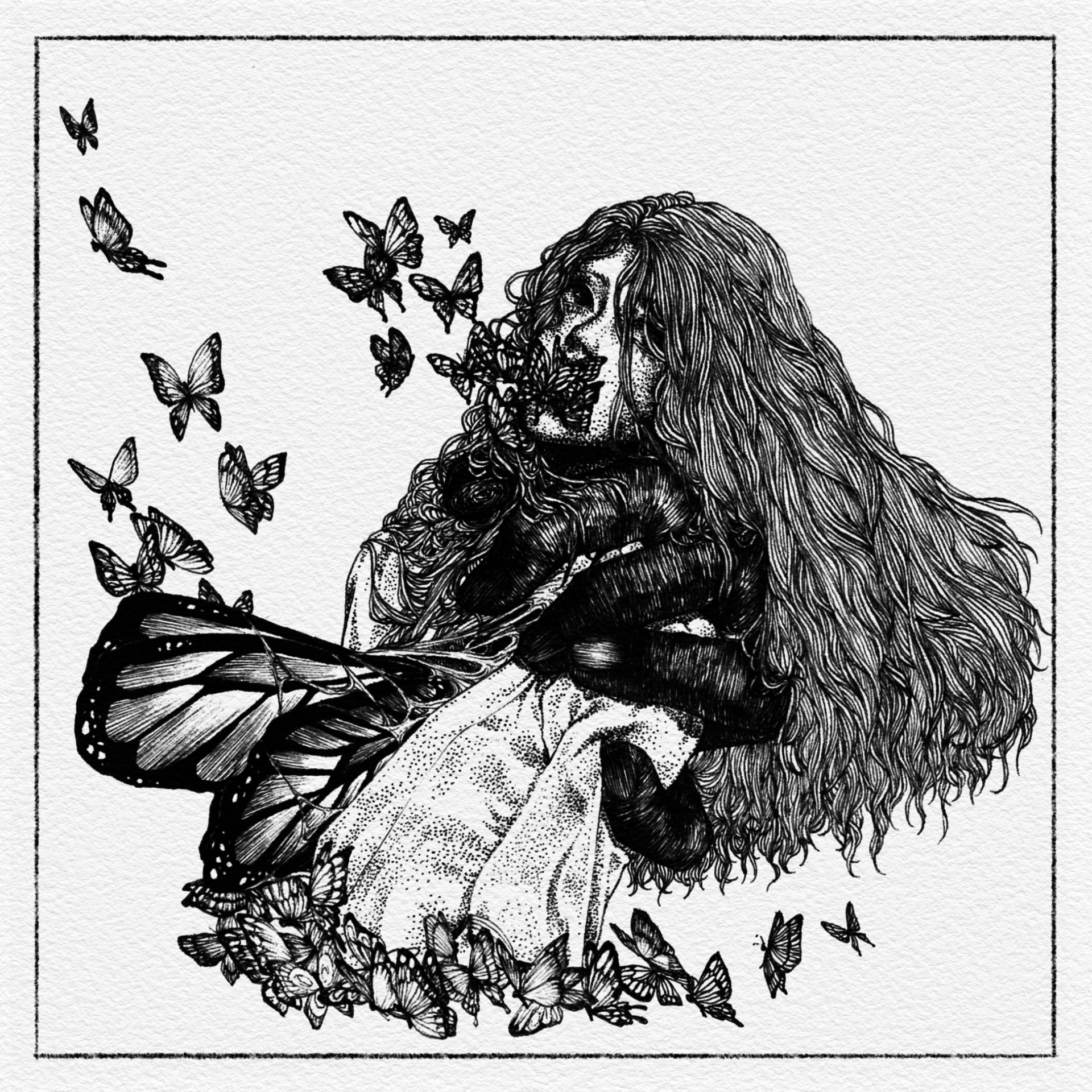 Black-and-white illustration. A giant, dark hand grips a long-haired girl's waist. She looks up as butterflies erupt from her mouth. A large,  butterfly wing comes out her chest.