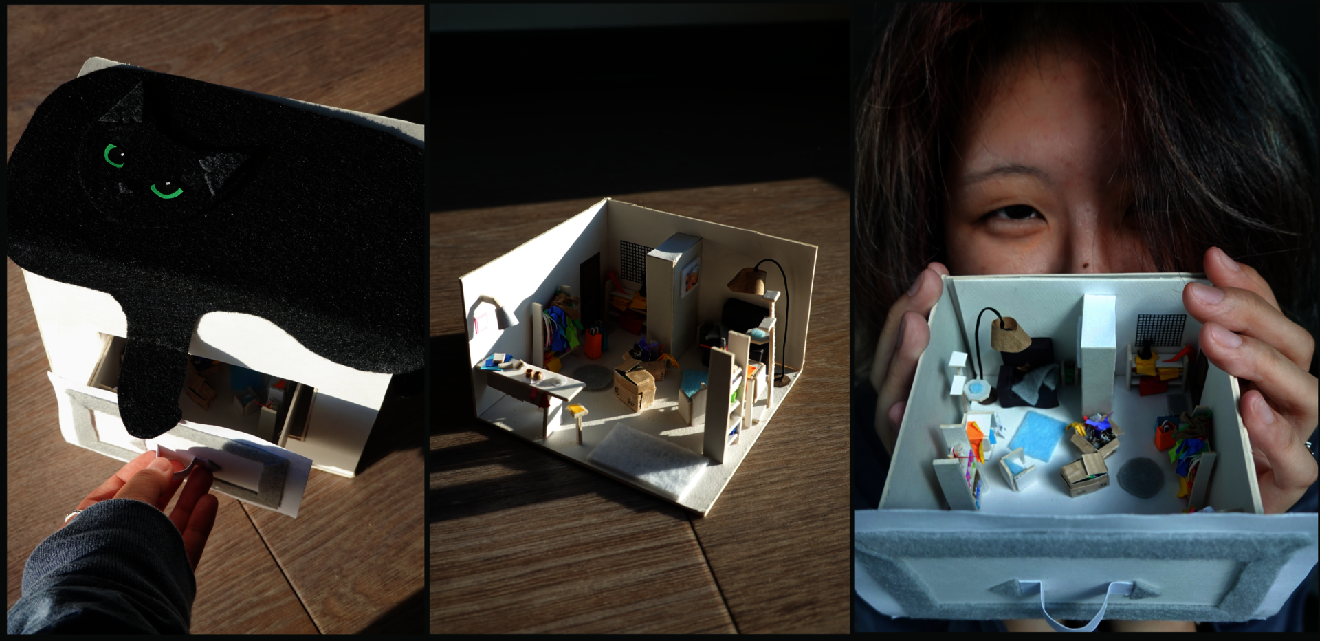 Three photos showing a diorama. A white box topped with a black cat opens to reveal a highly detailed, messy miniature bedroom, which a woman holds near her face.