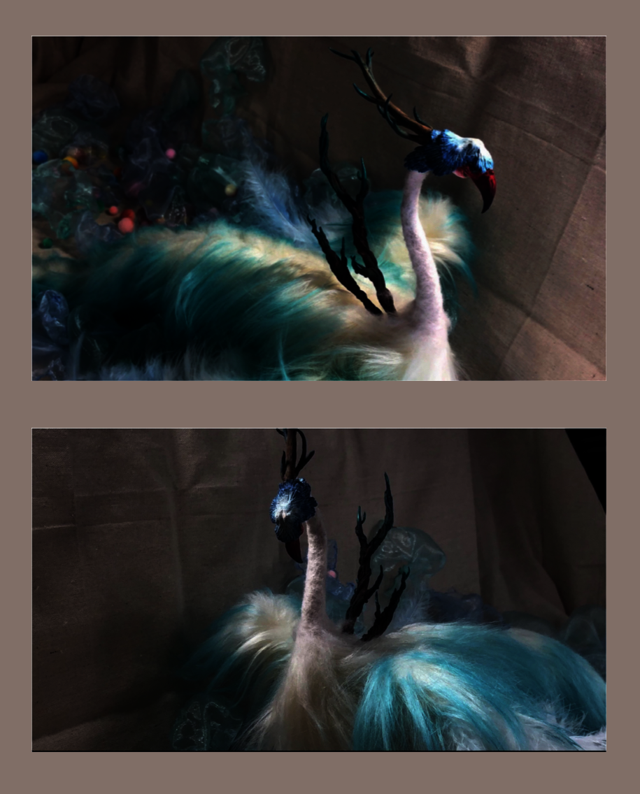 Two photos of a sculpted fantasy bird with fluffy white and teal plumage. It features a red beak and dark branch-like antlers, set against sheer blue and tan fabrics.