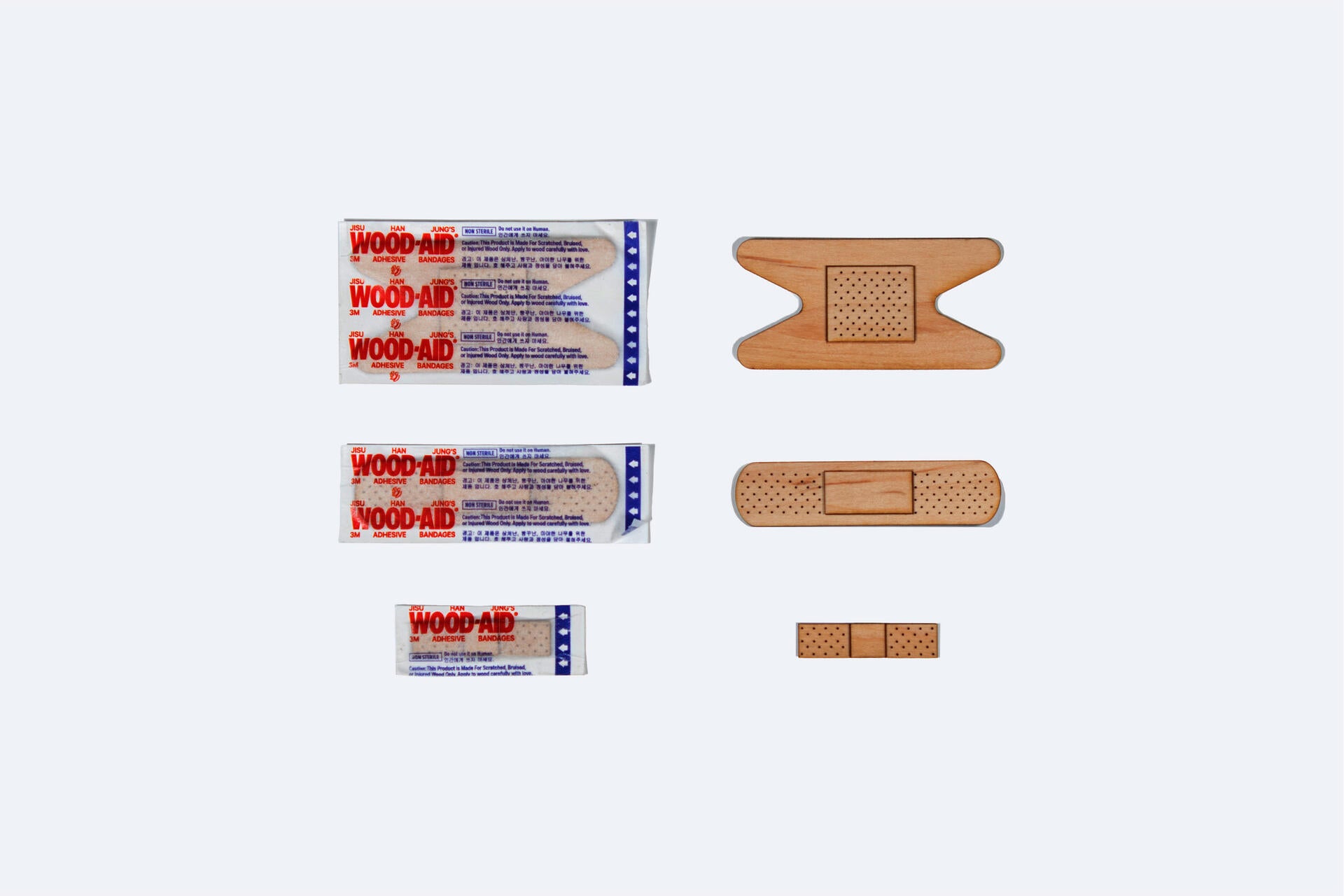 Bandaid made out of wood veneers that comes with 3m adhesive on the back. You can put it on damaged furnitures. 