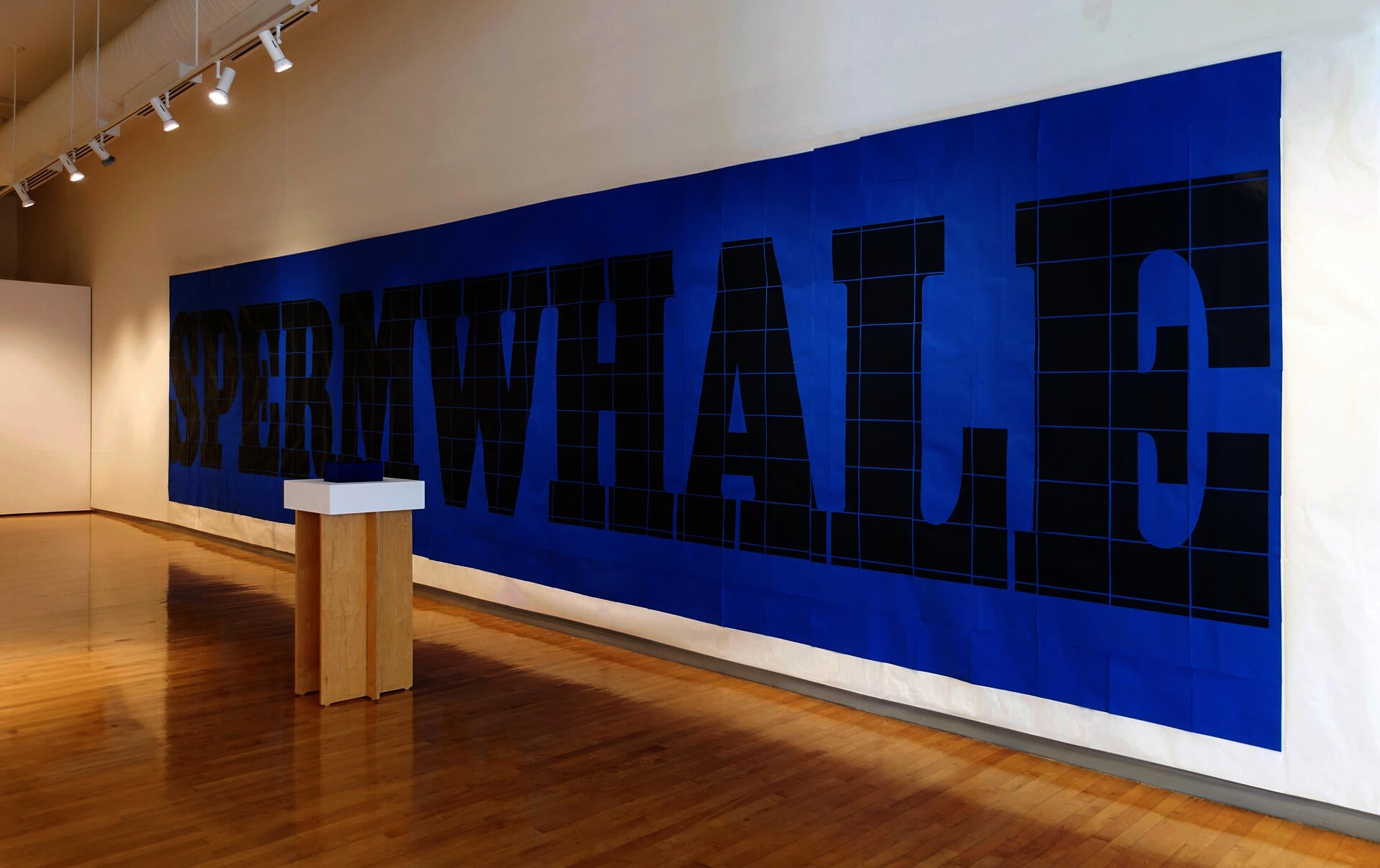 A large installation made of blue papers. It covers up the entire gallery wall with bold black letters spelling out the word sperm whale. A book is place on a pedestal in front of the installation.