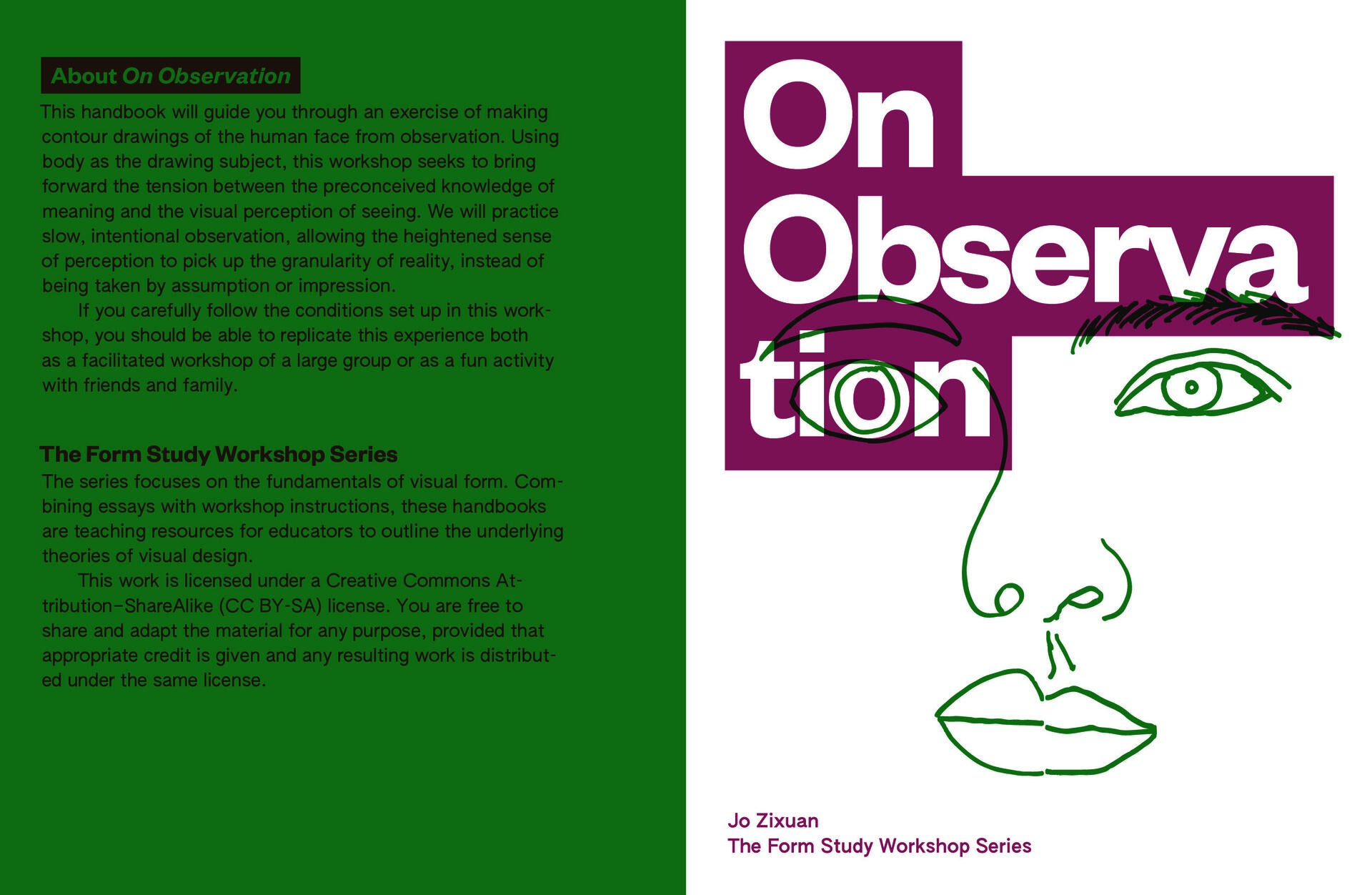 The cover and back cover of a small handbook named On observation. The typography and image is printed in purple and green.